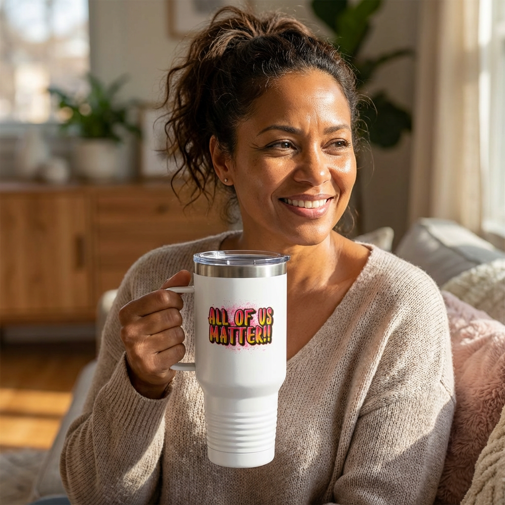 ALL OF US MATTER 40 oz Insulated Tumbler | Colorful Graffiti Design | 4 Color Options | Reusable Straw Travel Cup | LifeCoachDesigns.shop Exclusive