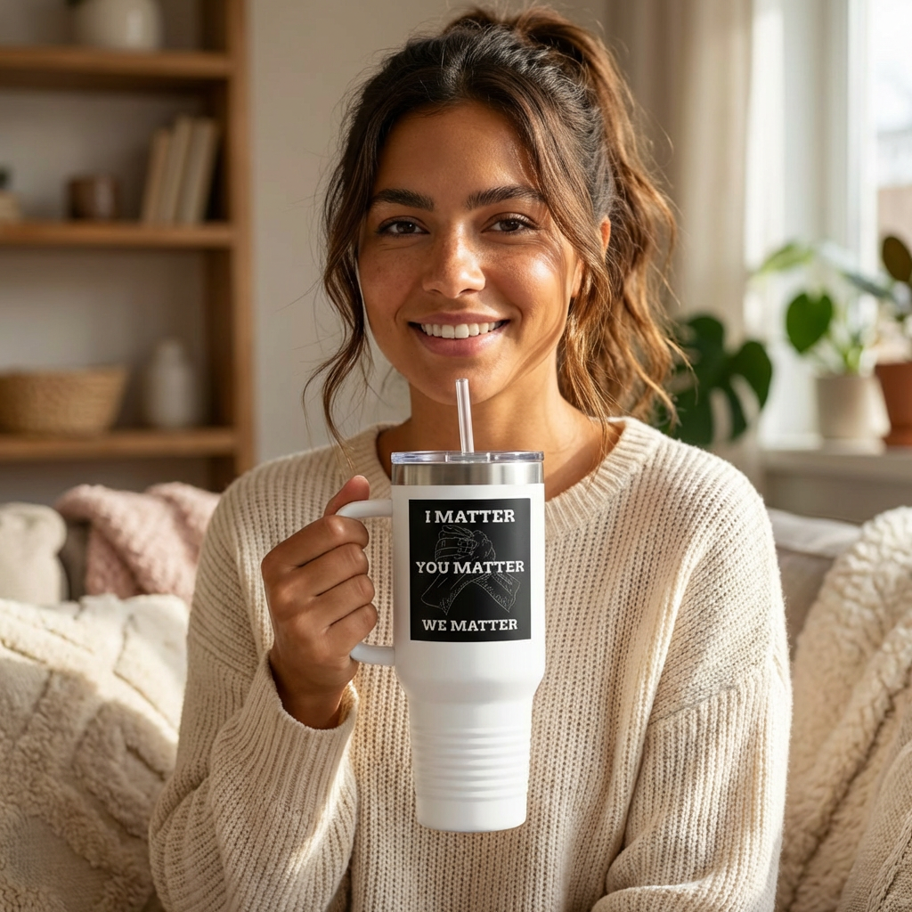 I MATTER YOU MATTER WE MATTER 40 oz Insulated Travel Tumbler | Unity Hands Graphic (White Outline) | Dark Background Design | Reusable Straw | LifeCoachDesigns.shop Exclusive product thumbnail image