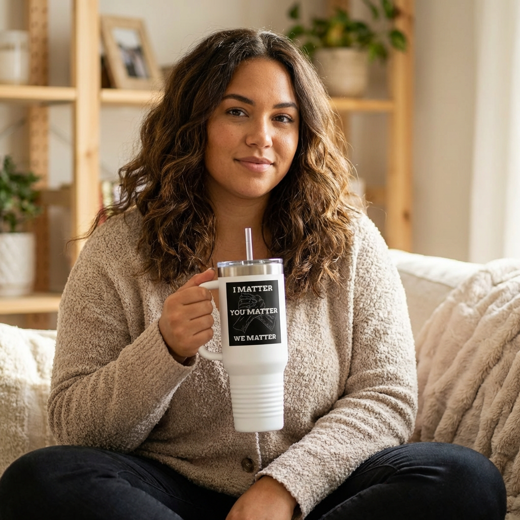 I MATTER YOU MATTER WE MATTER 40 oz Insulated Travel Tumbler | Unity Hands Graphic (White Outline) | Dark Background Design | Reusable Straw | LifeCoachDesigns.shop Exclusive product thumbnail image