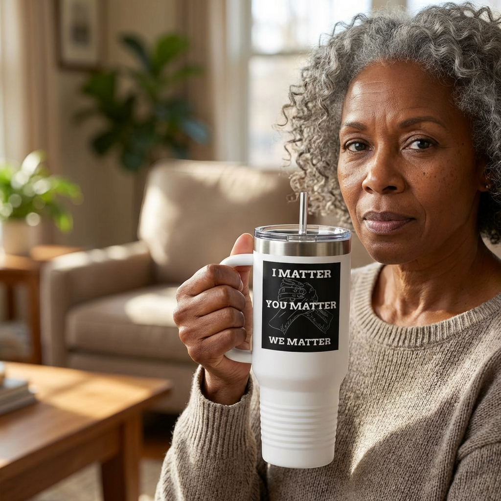 I MATTER YOU MATTER WE MATTER 40 oz Insulated Travel Tumbler | Unity Hands Graphic (White Outline) | Dark Background Design | Reusable Straw | LifeCoachDesigns.shop Exclusive product thumbnail image I MATTER YOU MATTER WE MATTER 40 oz Insulated Travel Tumbler | Unity Hands Graphic (White Outline) | Dark Background Design | Reusable Straw | LifeCoachDesigns.shop Exclusive product thumbnail image