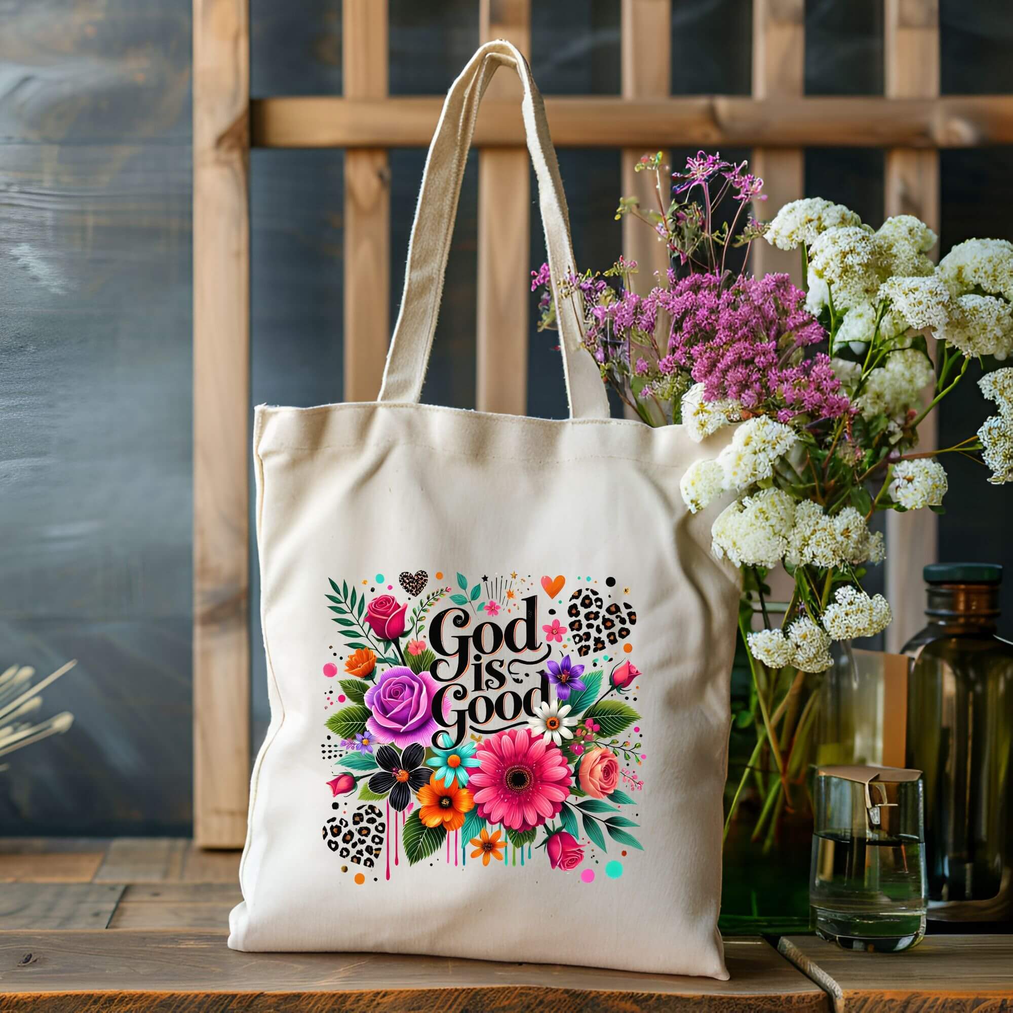 God Is Good Floral Canvas Tote Bag product thumbnail image God Is Good Floral Canvas Tote Bag product thumbnail image