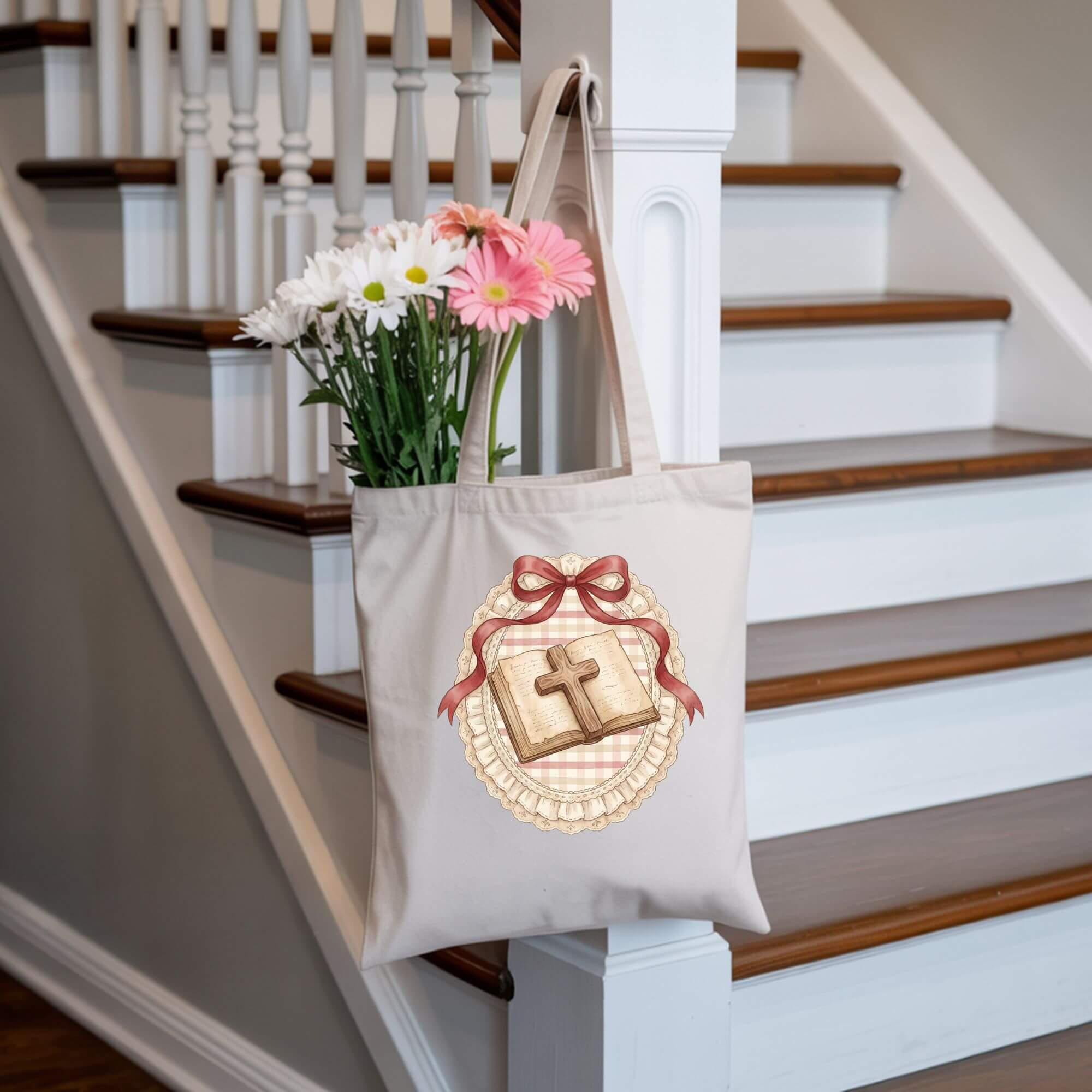 Vintage Bible & Cross Wreath Canvas Tote Bag product thumbnail image Vintage Bible & Cross Wreath Canvas Tote Bag product thumbnail image