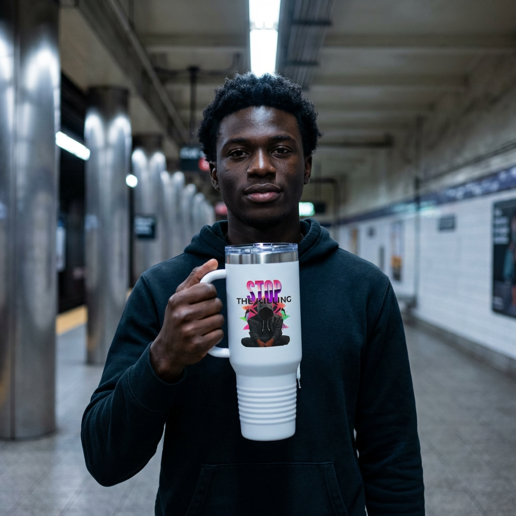 40 oz Stainless Steel Tumbler with Reusable Straw – Stop The Violence Design & Hoodie Silhouette | LifeCoachDesigns.shop Exclusive product thumbnail image 40 oz Stainless Steel Tumbler with Reusable Straw – Stop The Violence Design & Hoodie Silhouette | LifeCoachDesigns.shop Exclusive product thumbnail image