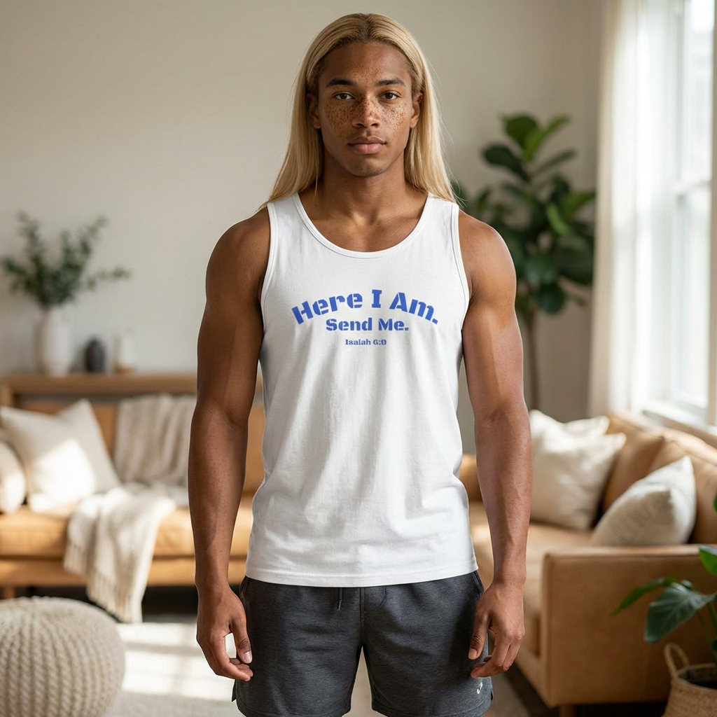 Here I Am Send Me Tank Top — (blu) Christian Faith Inspirational Muscle Tee product thumbnail image
