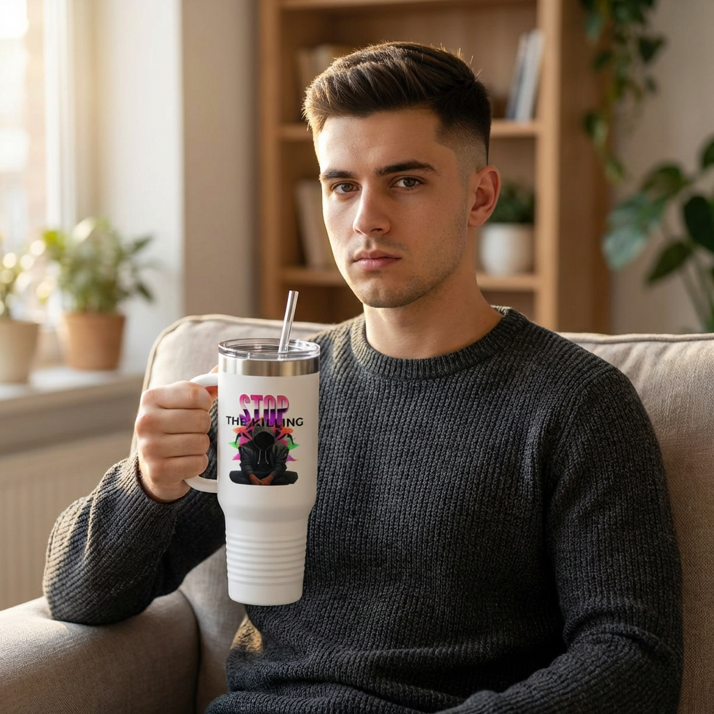 40 oz Stainless Steel Tumbler with Reusable Straw – Stop The Violence Design &amp; Hoodie Silhouette | LifeCoachDesigns.shop Exclusive product thumbnail image