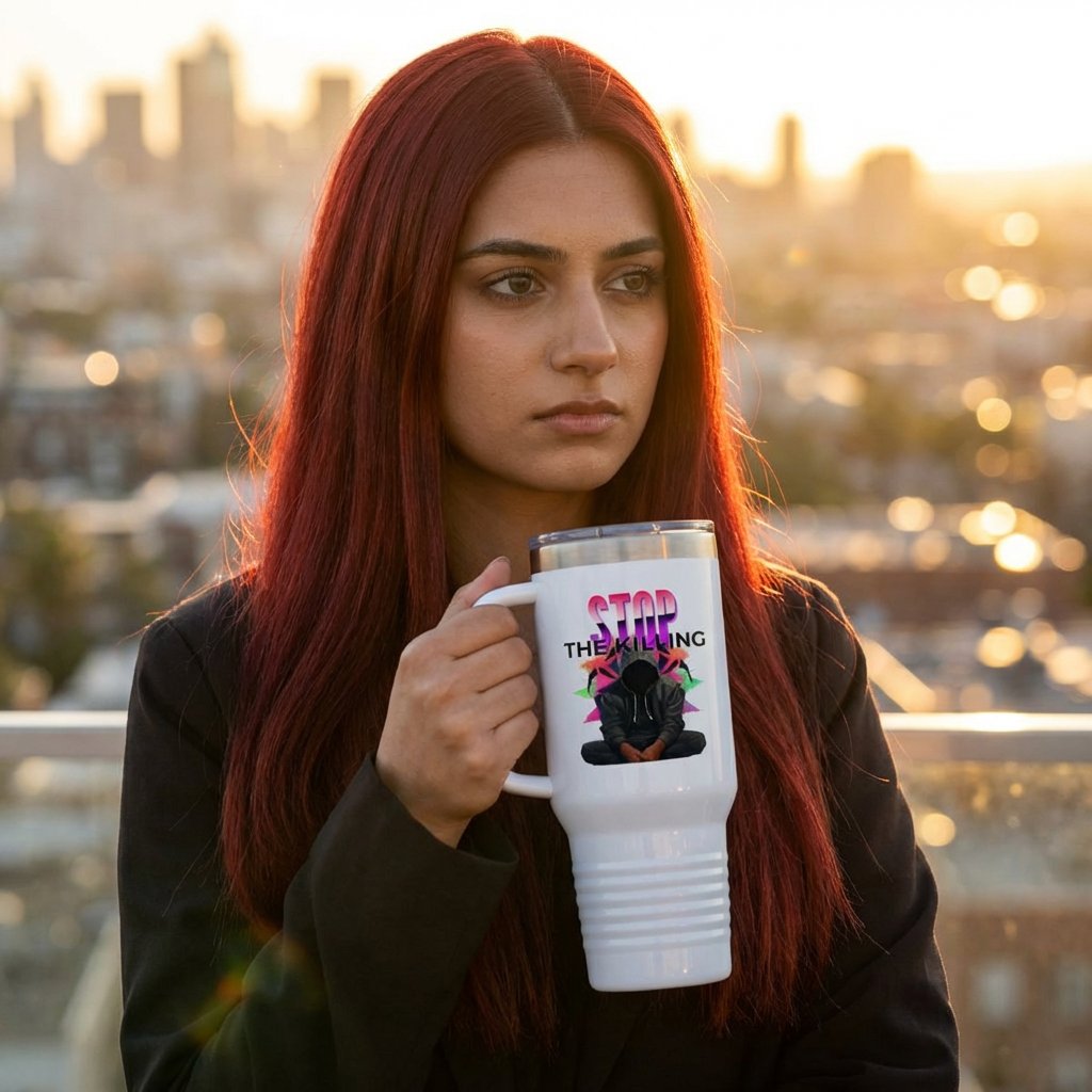 40 oz Stainless Steel Tumbler with Reusable Straw – Stop The Violence Design & Hoodie Silhouette | LifeCoachDesigns.shop Exclusive product thumbnail image 40 oz Stainless Steel Tumbler with Reusable Straw – Stop The Violence Design & Hoodie Silhouette | LifeCoachDesigns.shop Exclusive product thumbnail image