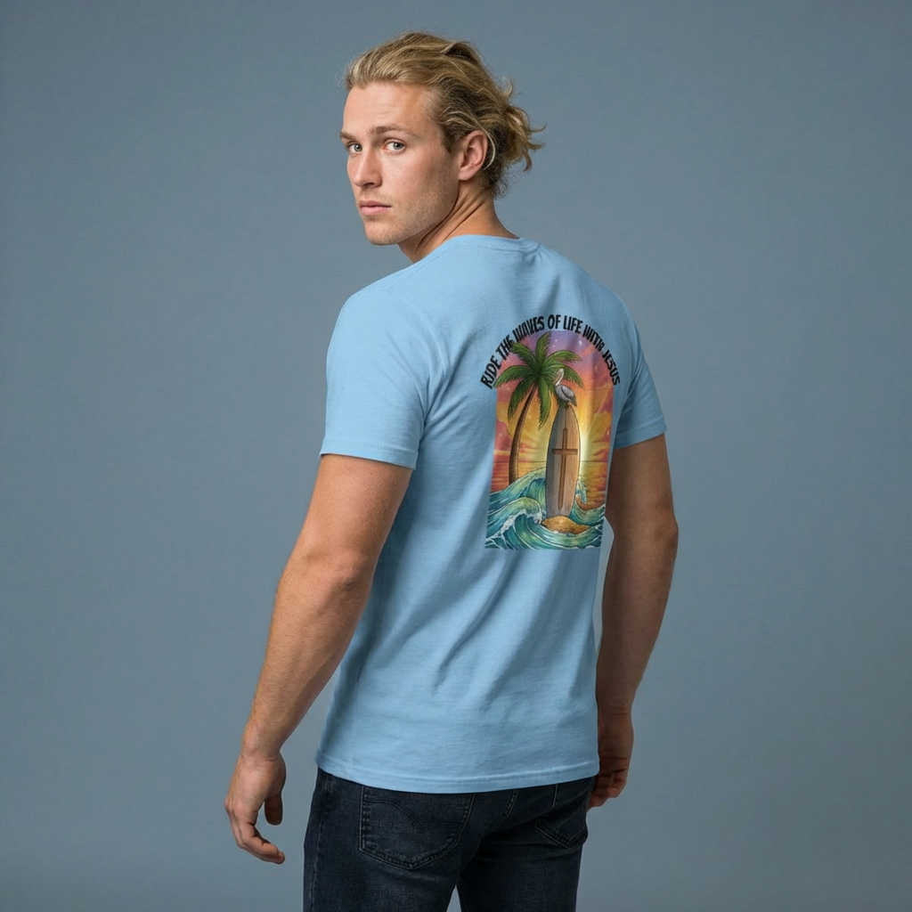  "Ride the Waves of Life with Jesus" Graphic Tee Shirt, Inspirational, Christian, Surf, Beach,  product thumbnail image