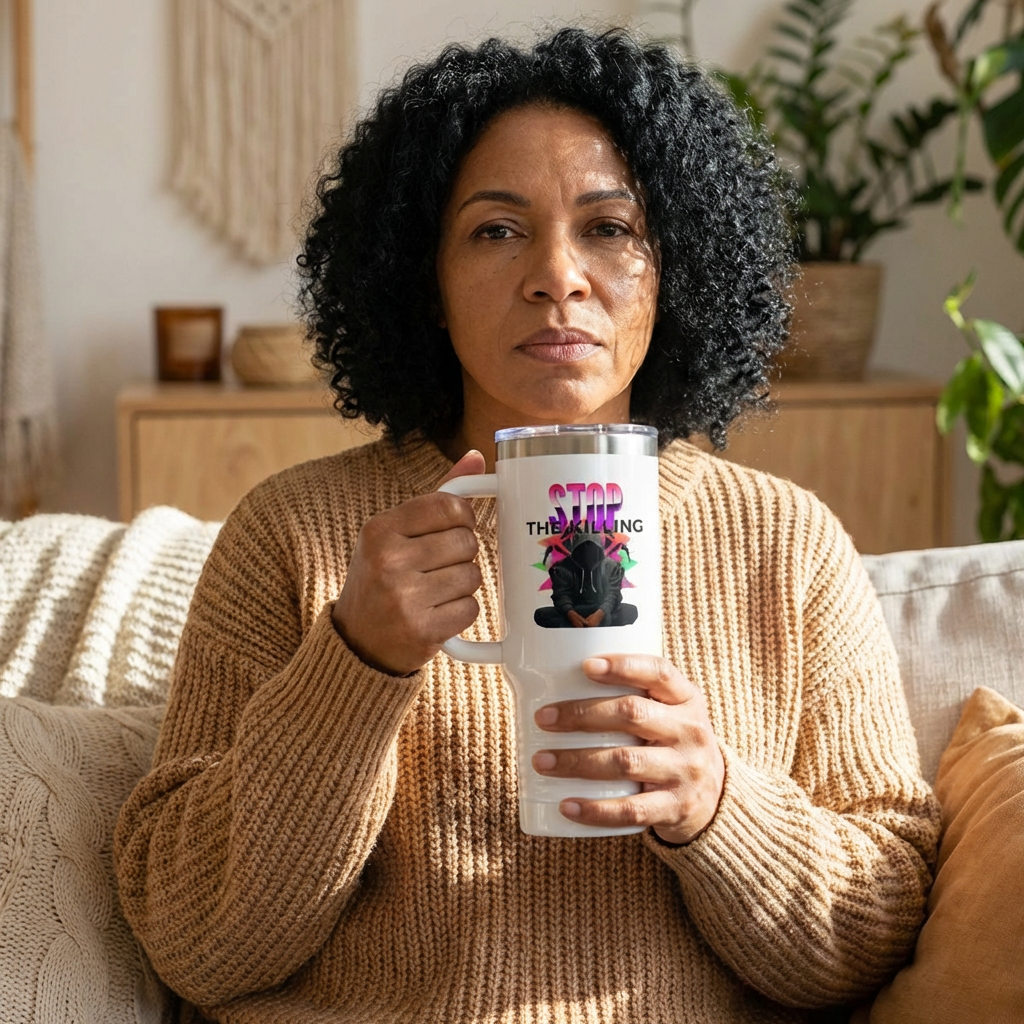 40 oz Stainless Steel Tumbler with Reusable Straw – Stop The Violence Design &amp; Hoodie Silhouette | LifeCoachDesigns.shop Exclusive product thumbnail image