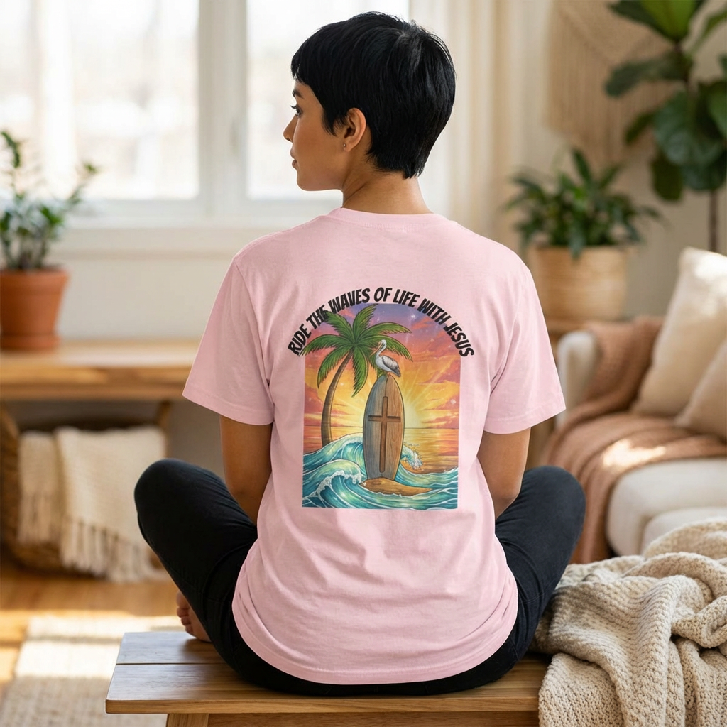  "Ride the Waves of Life with Jesus" Graphic Tee Shirt, Inspirational, Christian, Surf, Beach, 