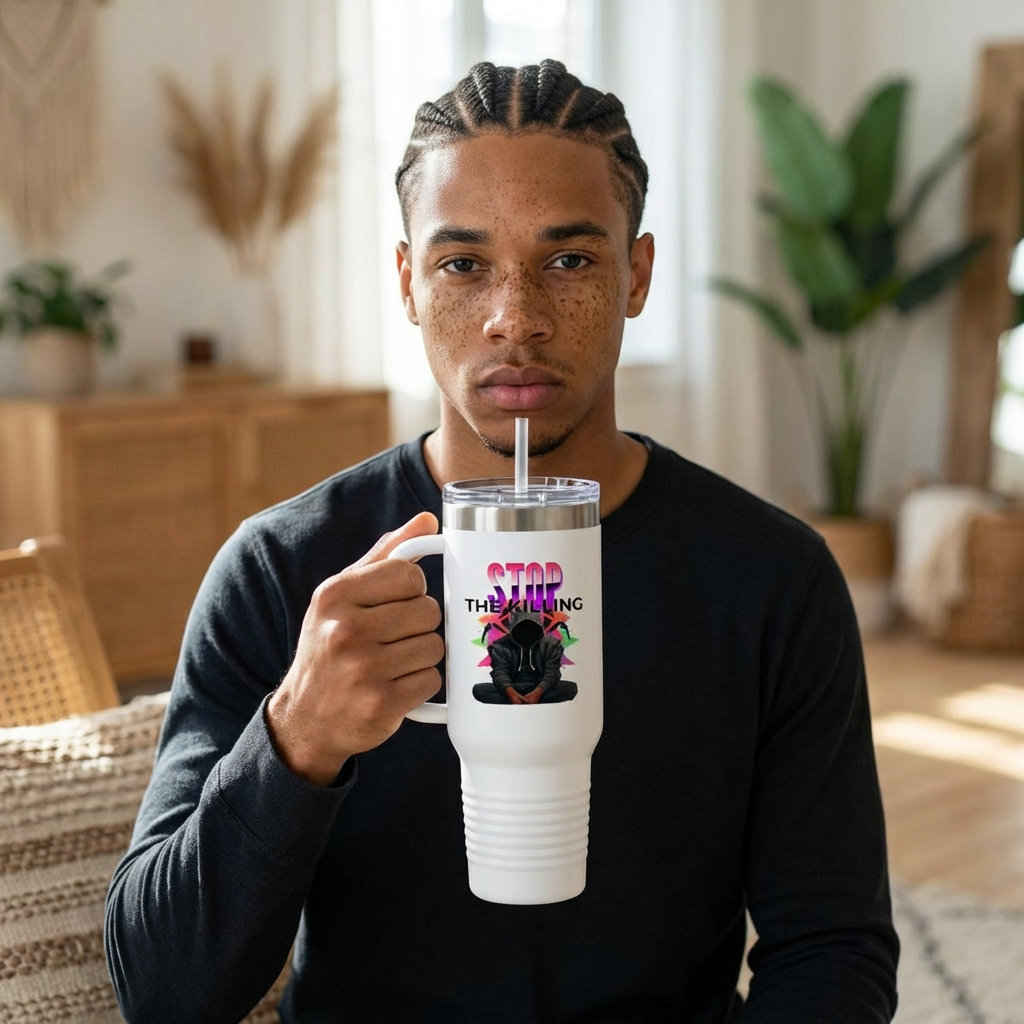 40 oz Stainless Steel Tumbler with Reusable Straw – Stop The Violence Design &amp; Hoodie Silhouette | LifeCoachDesigns.shop Exclusive product thumbnail image