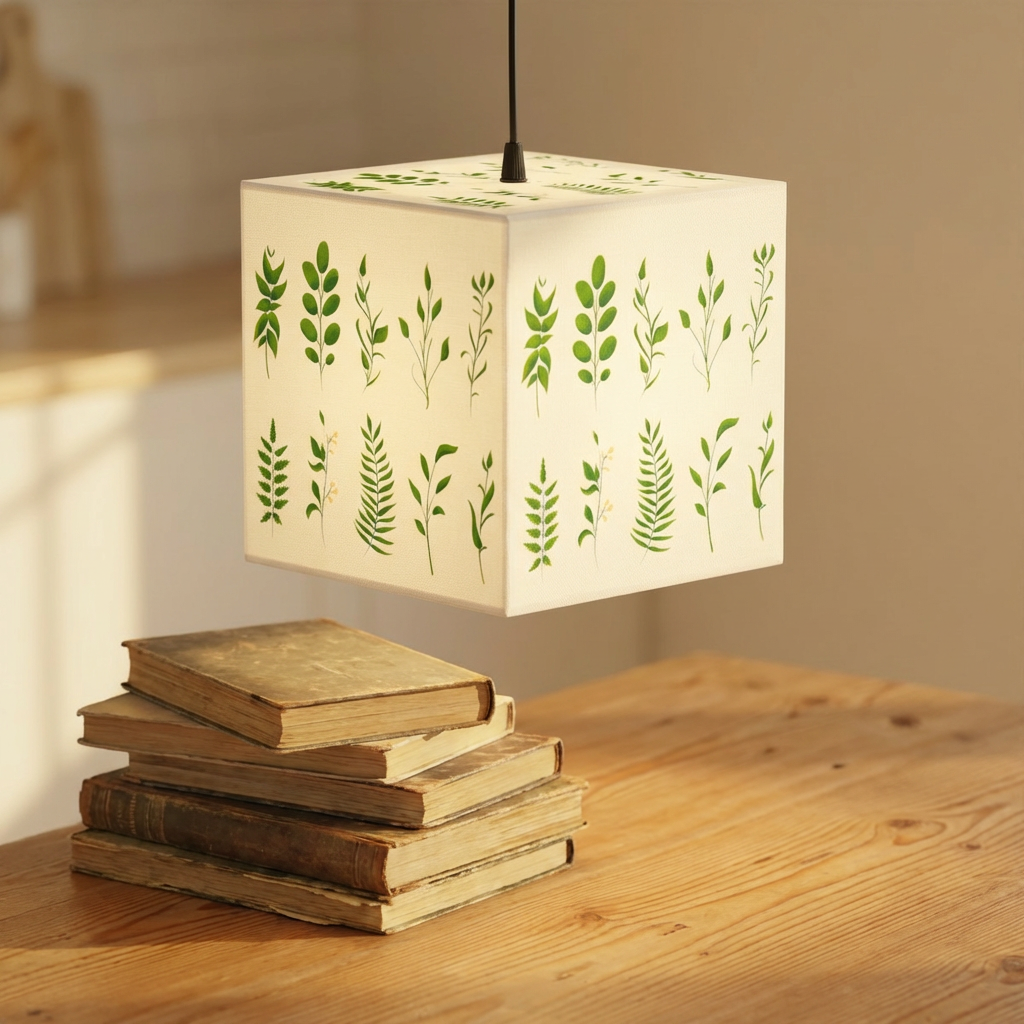 Botanical Cube Lamp — Green Leaf Pattern Hanging Light