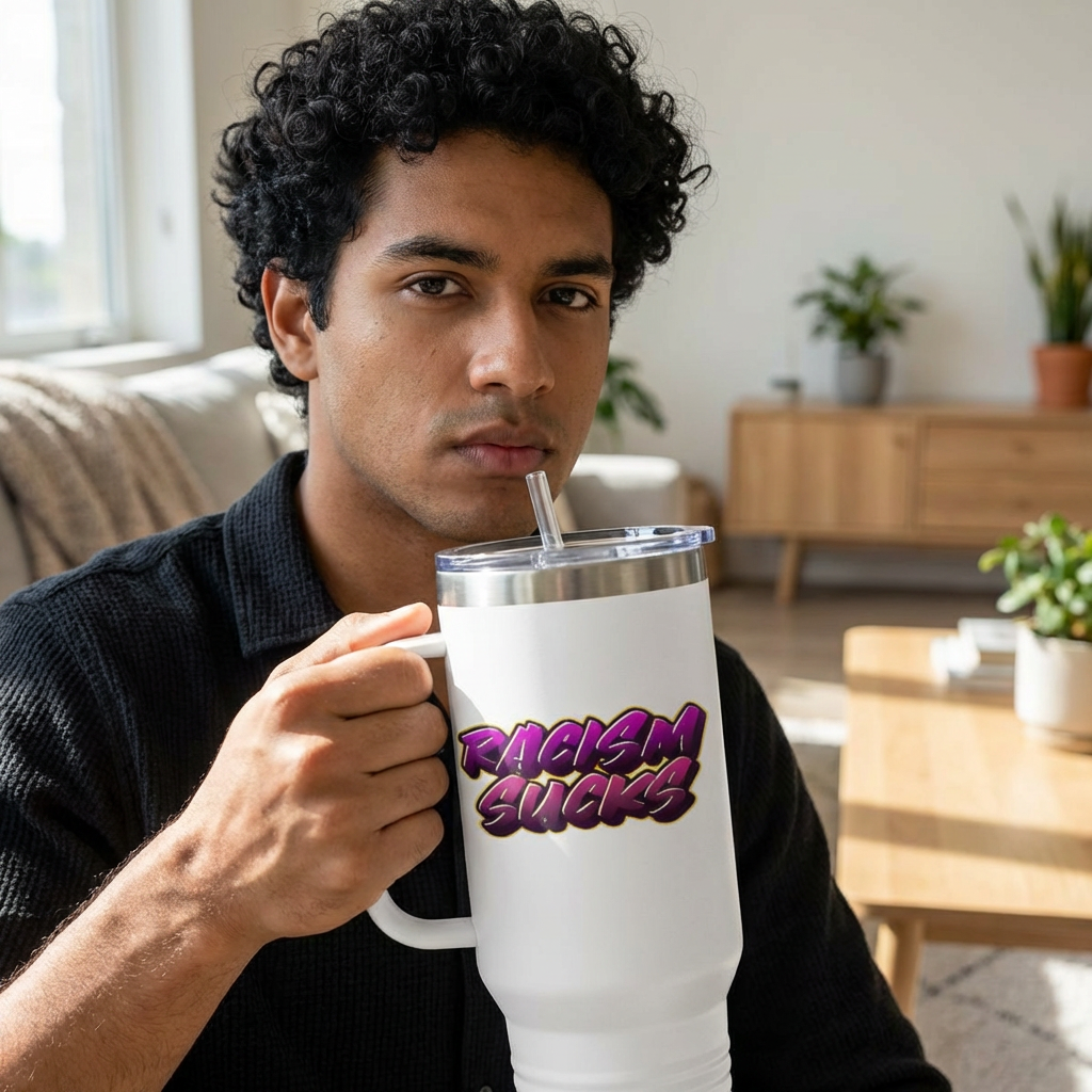 40 oz Insulated Stainless Steel Tumbler with Reusable Straw – “Racism Sucks” Anti-Racism Awareness Design | Exclusive at LifeCoachDesigns.shop product thumbnail image