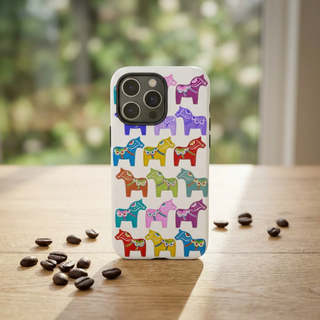 Cute Dala Horse Scandinavian Multicolor Dalarna Swedish Dalahäst Cottagecore Dual Layer Phone Case Norwegian Swede Dalarna Horses