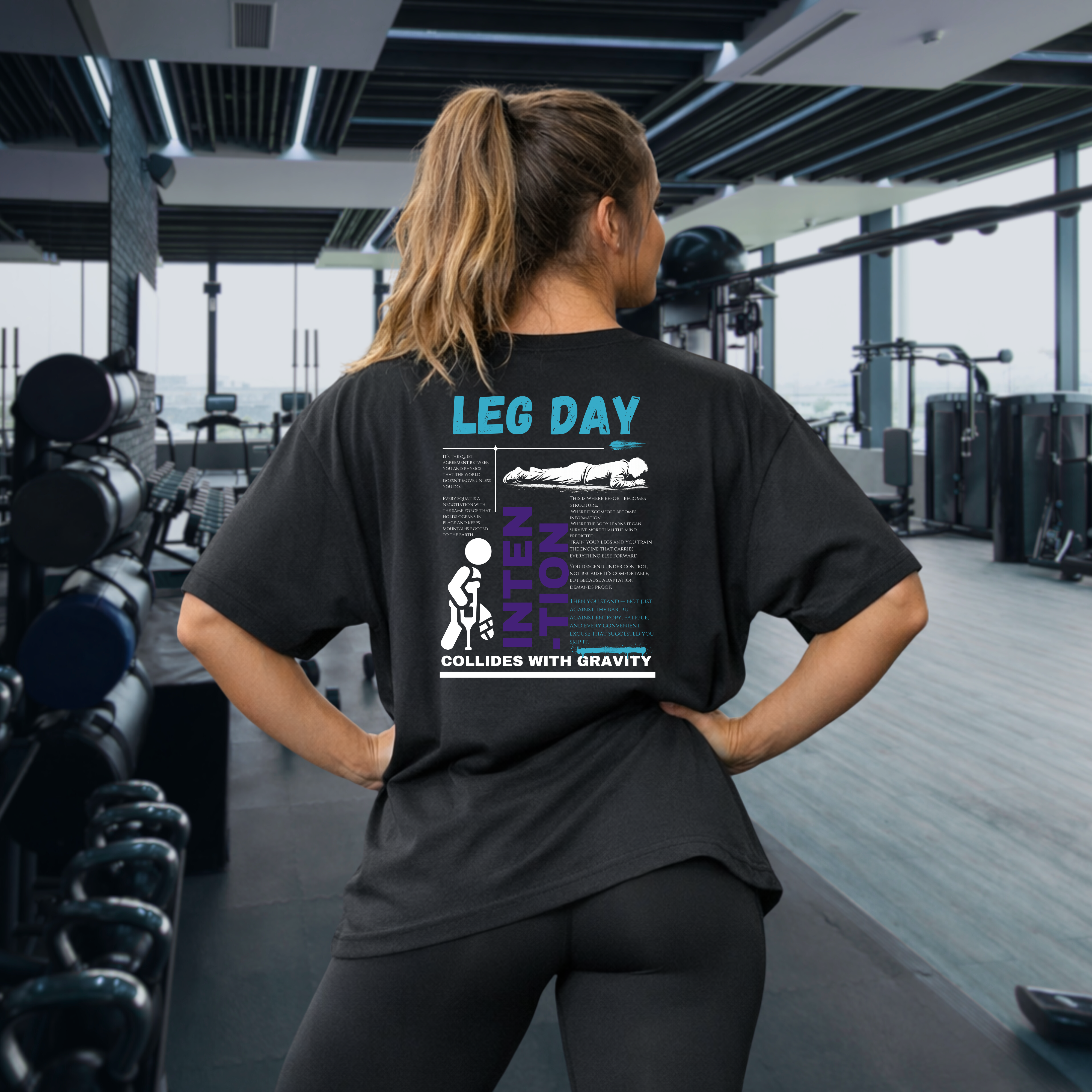 Leg Day Oversized Tee - "Intention Collides With Gravity" Gym T-Shirt product thumbnail image