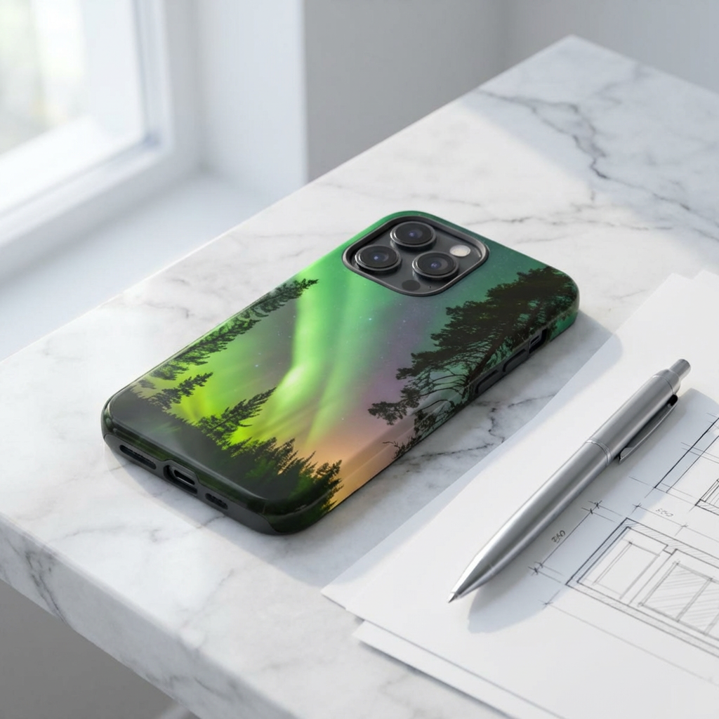 Northern Lights Phone Tough Case, Aurora Borealis Forest at Night, Norway Iceland Amazing Sky, Protective Cover for Nature Lovers 
