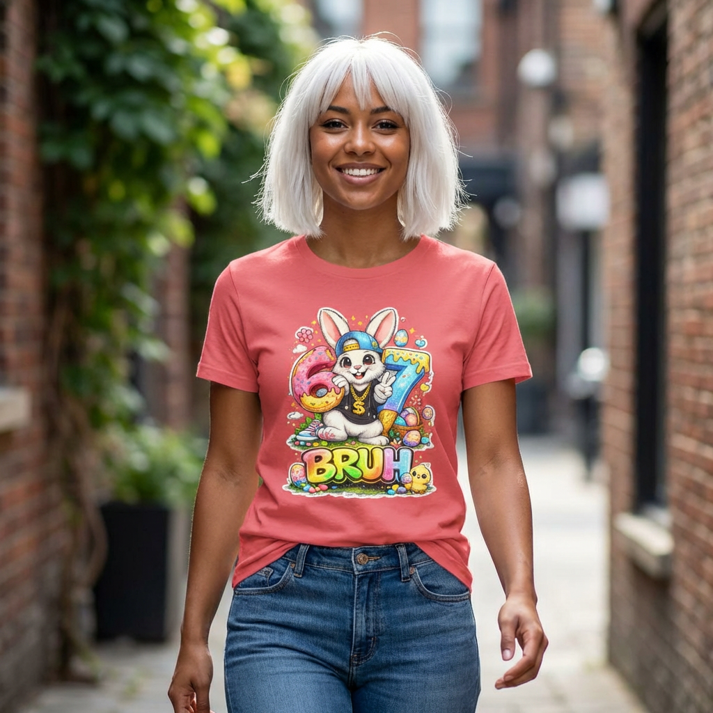 Bruh Bunny Graphic T-Shirt — Cute Easter Donut &amp; Candy Cartoon Tee product thumbnail image