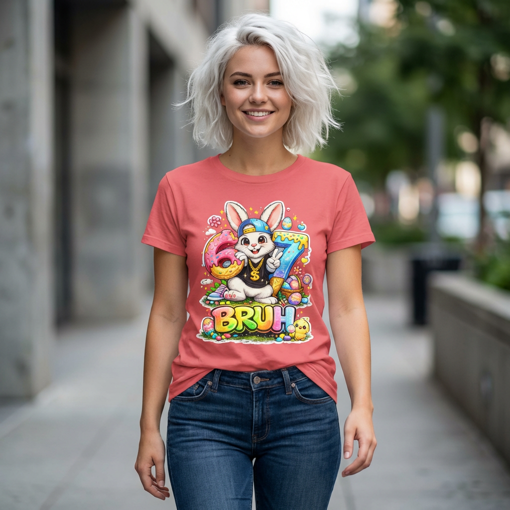 Bruh Bunny Graphic T-Shirt — Cute Easter Donut &amp; Candy Cartoon Tee