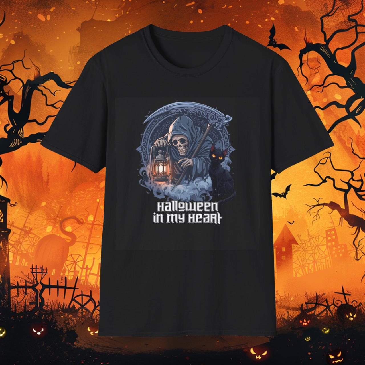 Halloween in My Heart Reaper with Scythe & Cat Unisex Softstyle T-Shirt product thumbnail image Halloween in My Heart Reaper with Scythe & Cat Unisex Softstyle T-Shirt product thumbnail image