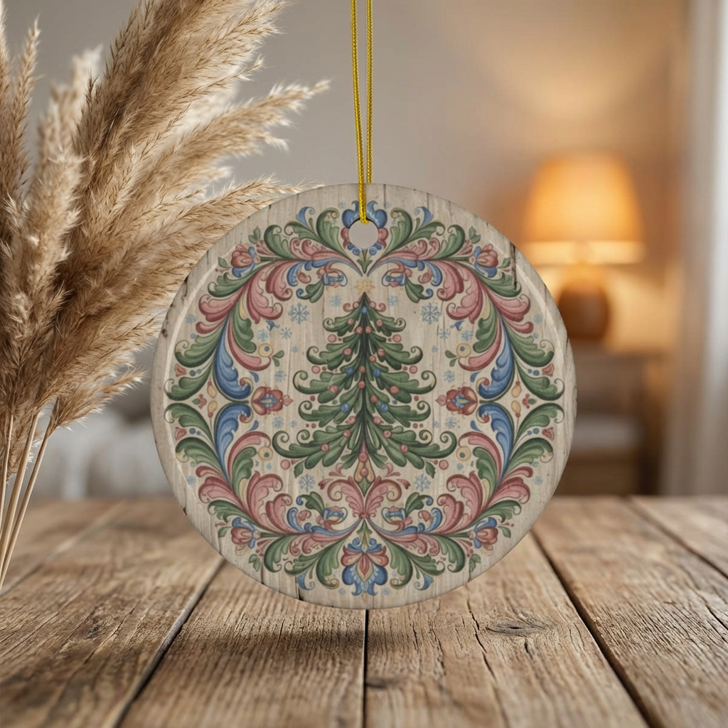 Rosemaling Tree Wood-Look Ceramic Christmas Ornament | Scandi God Jul Gift, 2-Side Country Christmas product thumbnail image