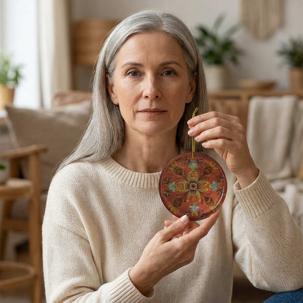 Norwegian Rosemaling Ceramic Ornament — Vintage Scandinavian Christmas Tree Decoration