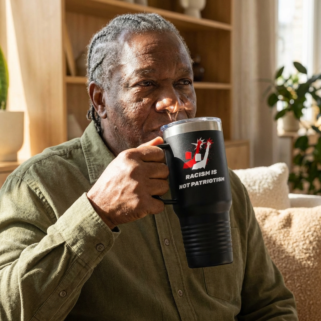 40 oz Insulated Travel Tumbler with Reusable Straw – “Racism Is Not Patriotism” Anti-Racism Design | LifeCoachDesigns.shop Exclusive