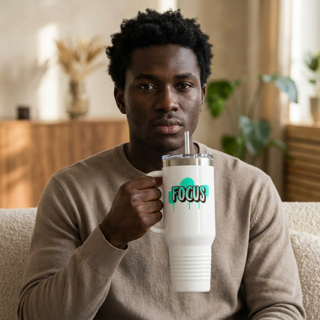 FOCUS 40 oz Insulated Travel Tumbler | White Graffiti Letters w/ Black Outline | Cyan Splash Background | Reusable Straw | LifeCoachDesigns.shop Exclusive product thumbnail image