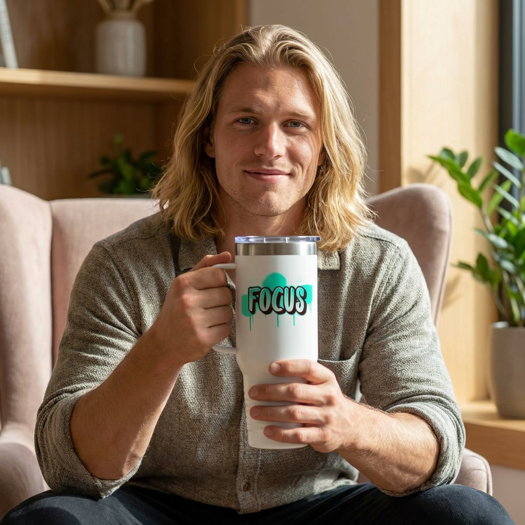 FOCUS 40 oz Insulated Travel Tumbler | White Graffiti Letters w/ Black Outline | Cyan Splash Background | Reusable Straw | LifeCoachDesigns.shop Exclusive product thumbnail image