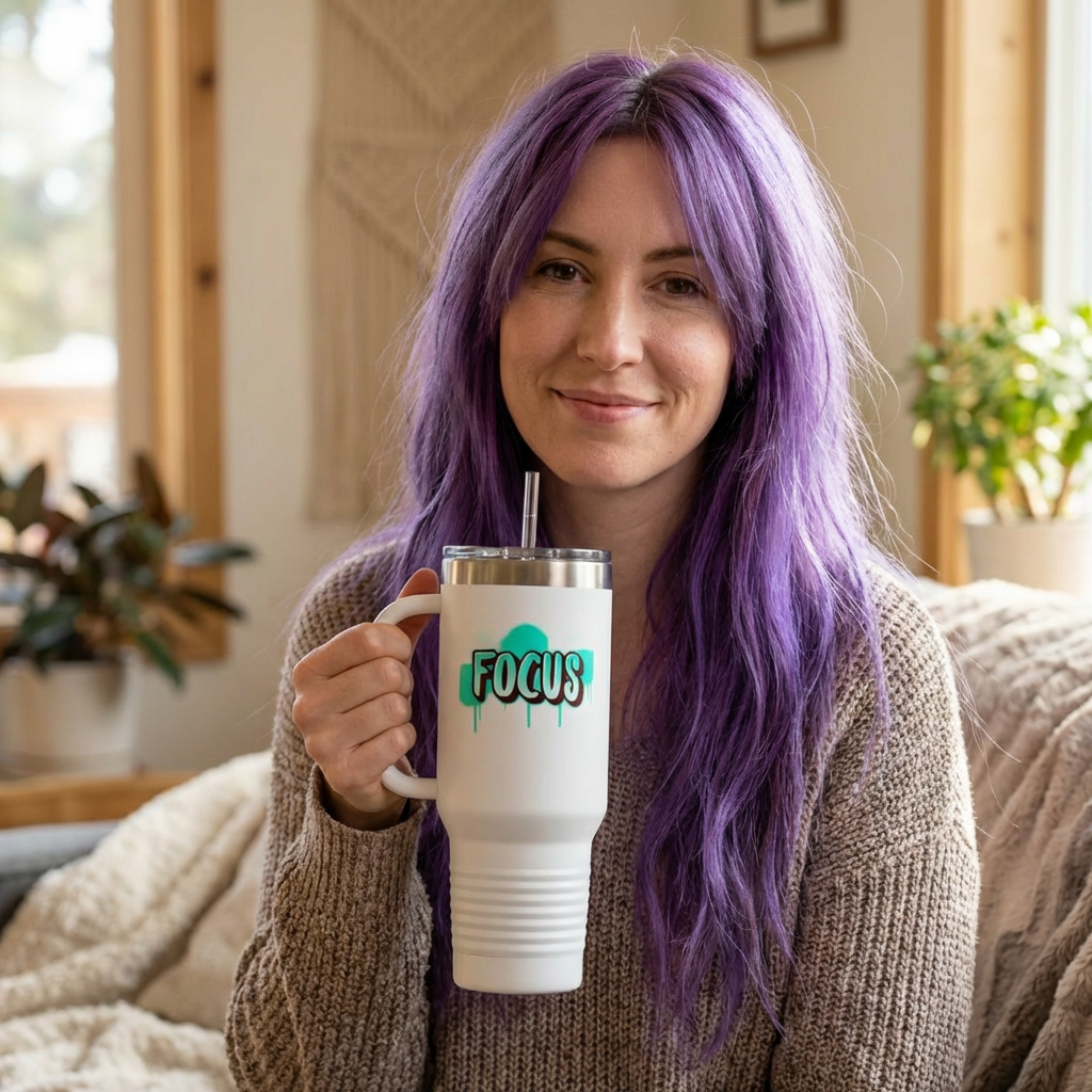 FOCUS 40 oz Insulated Travel Tumbler | White Graffiti Letters w/ Black Outline | Cyan Splash Background | Reusable Straw | LifeCoachDesigns.shop Exclusive product thumbnail image