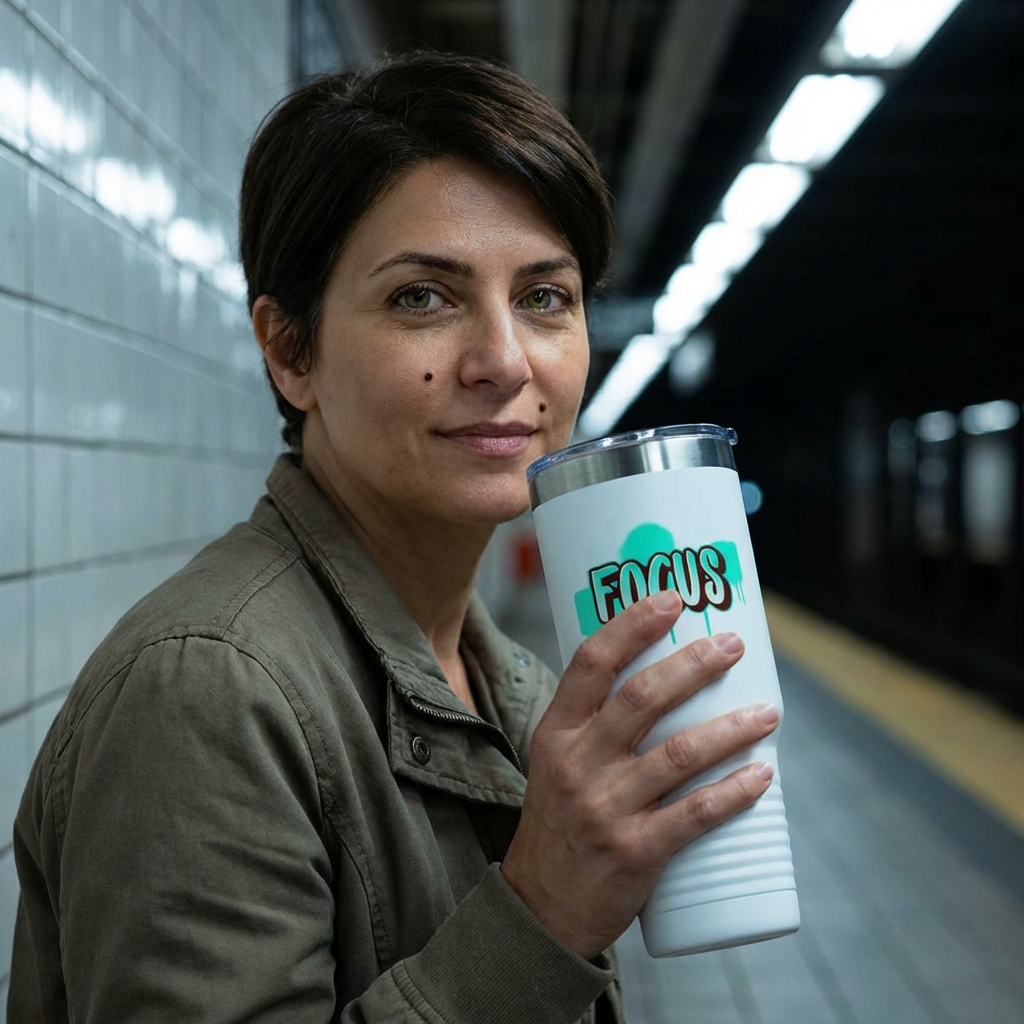 FOCUS 40 oz Insulated Travel Tumbler | White Graffiti Letters w/ Black Outline | Cyan Splash Background | Reusable Straw | LifeCoachDesigns.shop Exclusive product thumbnail image