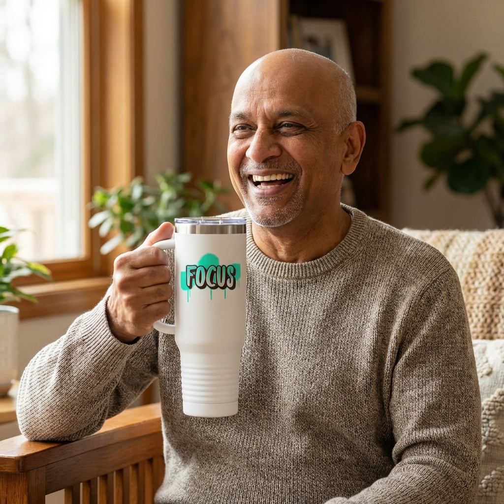 FOCUS 40 oz Insulated Travel Tumbler | White Graffiti Letters w/ Black Outline | Cyan Splash Background | Reusable Straw | LifeCoachDesigns.shop Exclusive product thumbnail image