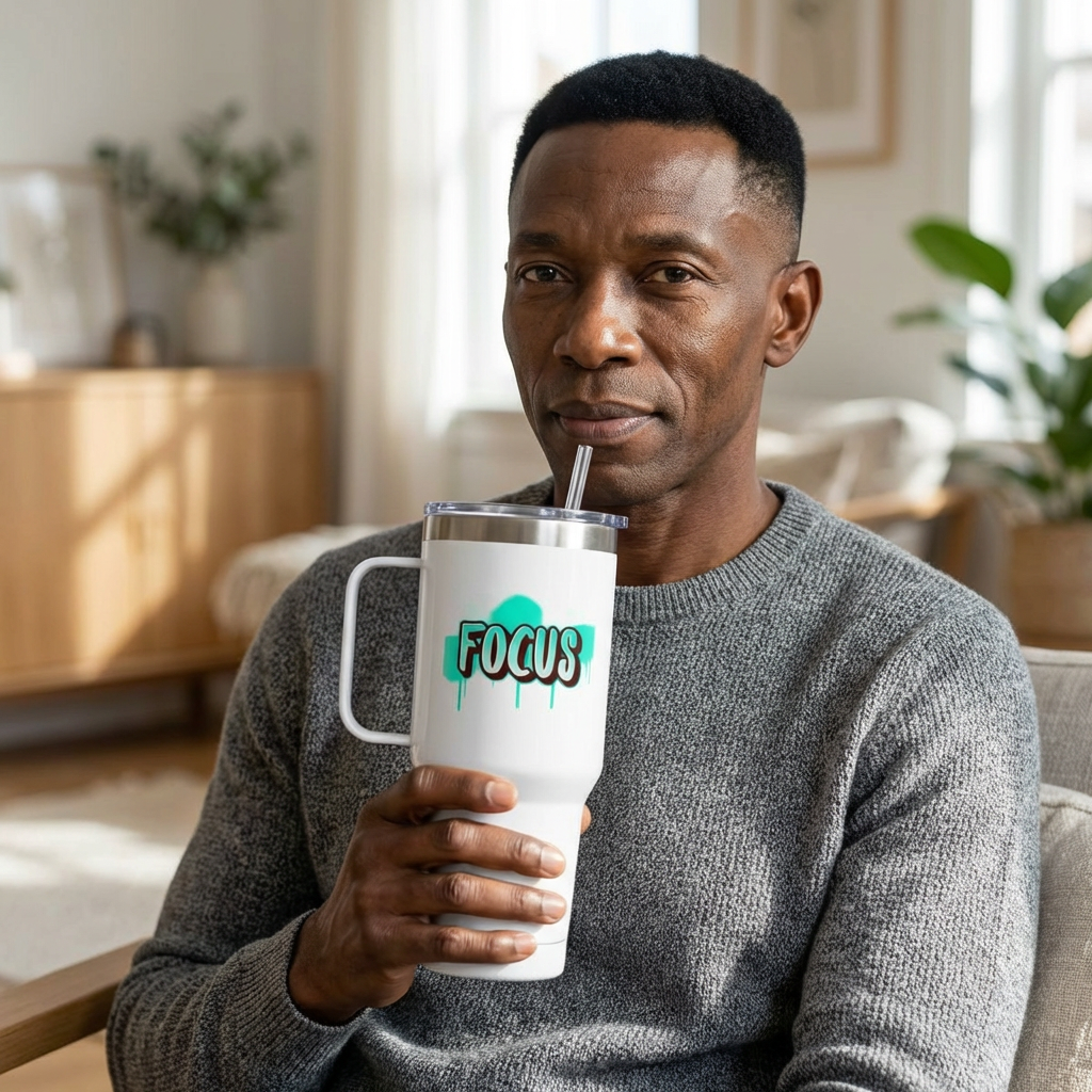 FOCUS 40 oz Insulated Travel Tumbler | White Graffiti Letters w/ Black Outline | Cyan Splash Background | Reusable Straw | LifeCoachDesigns.shop Exclusive product thumbnail image