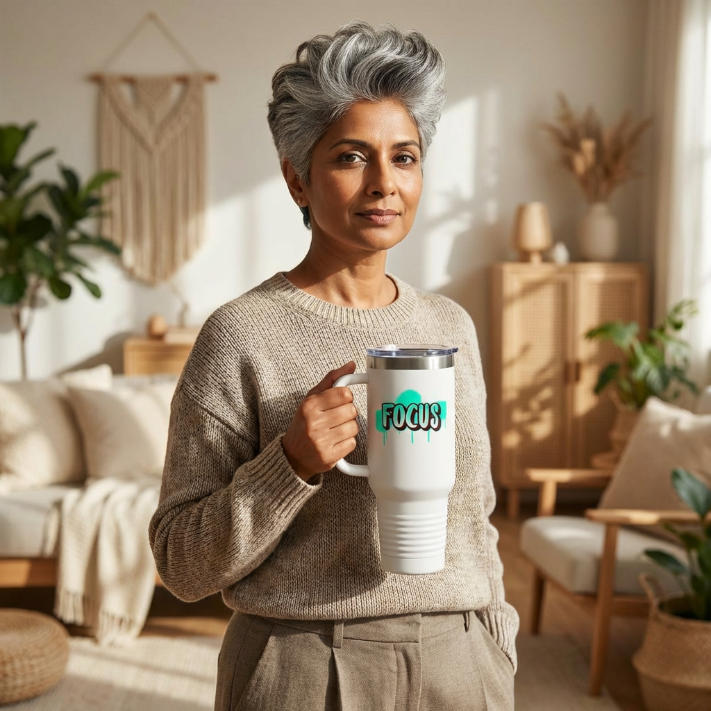 FOCUS 40 oz Insulated Travel Tumbler | White Graffiti Letters w/ Black Outline | Cyan Splash Background | Reusable Straw | LifeCoachDesigns.shop Exclusive product thumbnail image