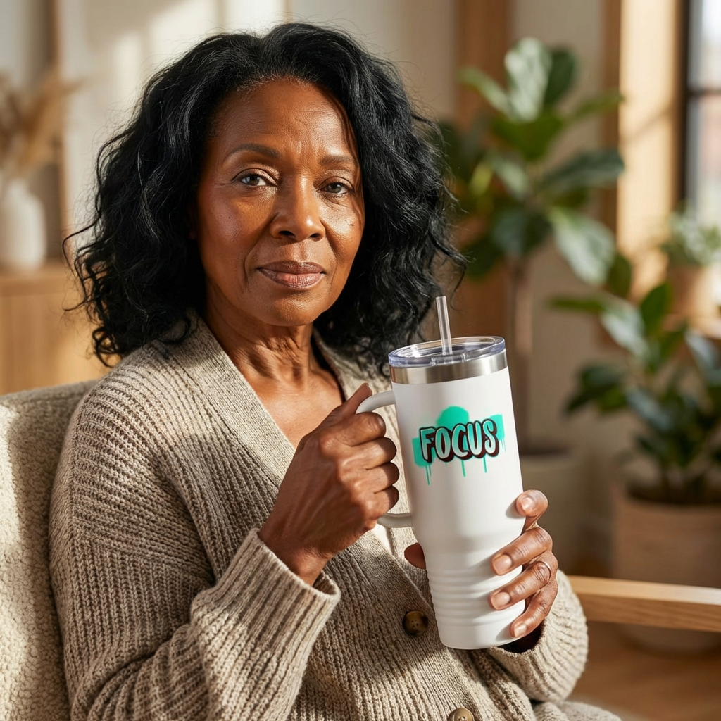FOCUS 40 oz Insulated Travel Tumbler | White Graffiti Letters w/ Black Outline | Cyan Splash Background | Reusable Straw | LifeCoachDesigns.shop Exclusive product thumbnail image