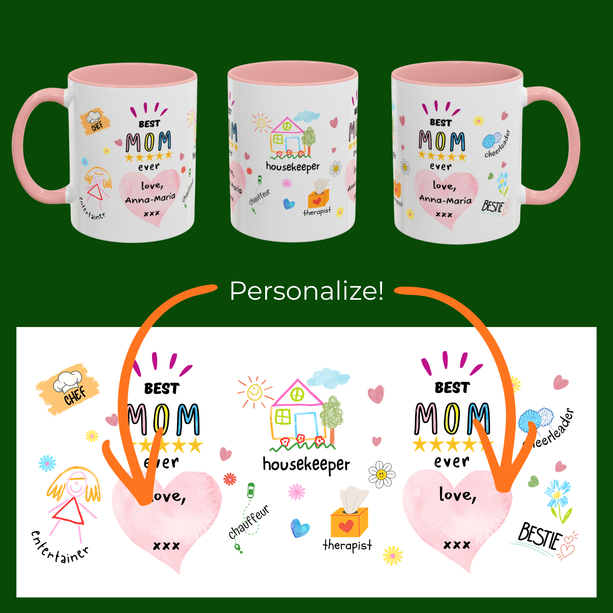 Personalized coffee mug for Mom with fun drawings and pink accents product thumbnail image Personalized coffee mug for Mom with fun drawings and pink accents product thumbnail image