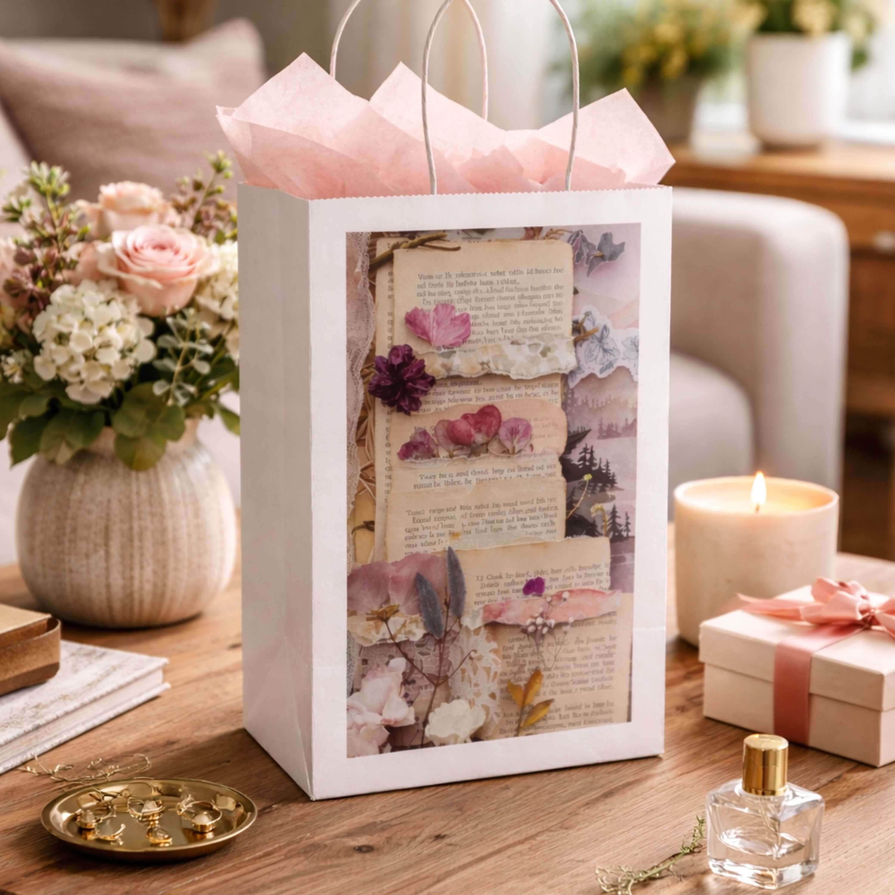 Paper Gift Bag — Vintage Floral Collage Design (Romantic, Shabby Chic)