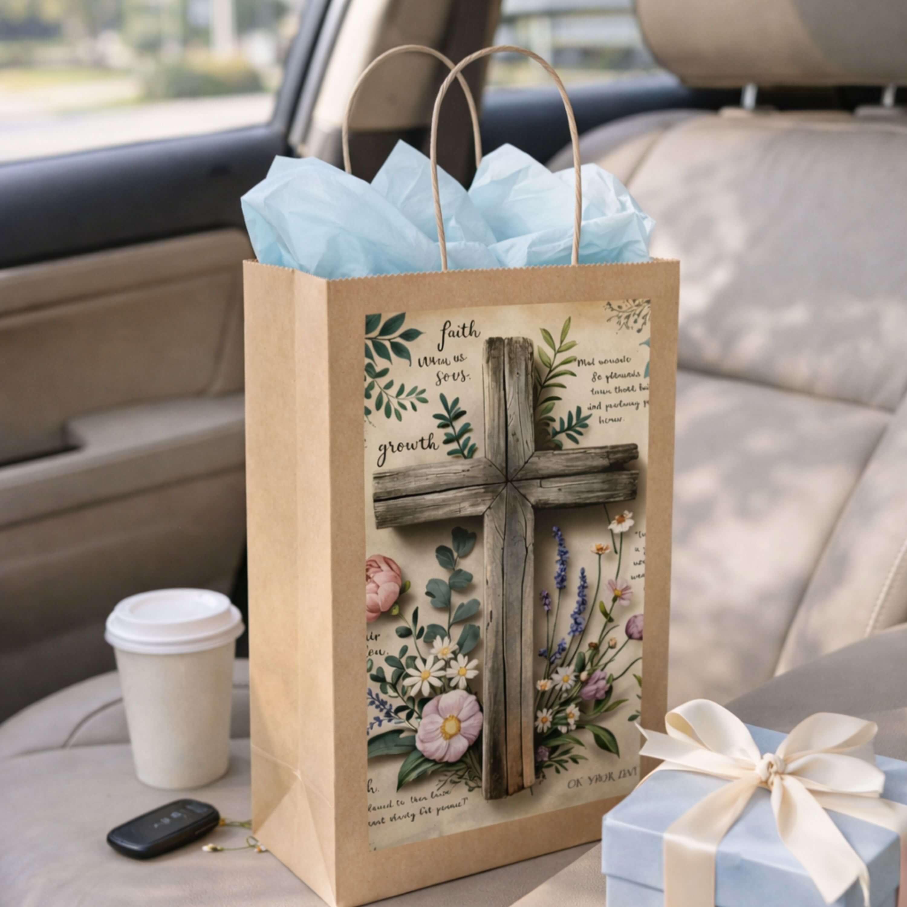 Religious Cross Floral Paper Gift Bag