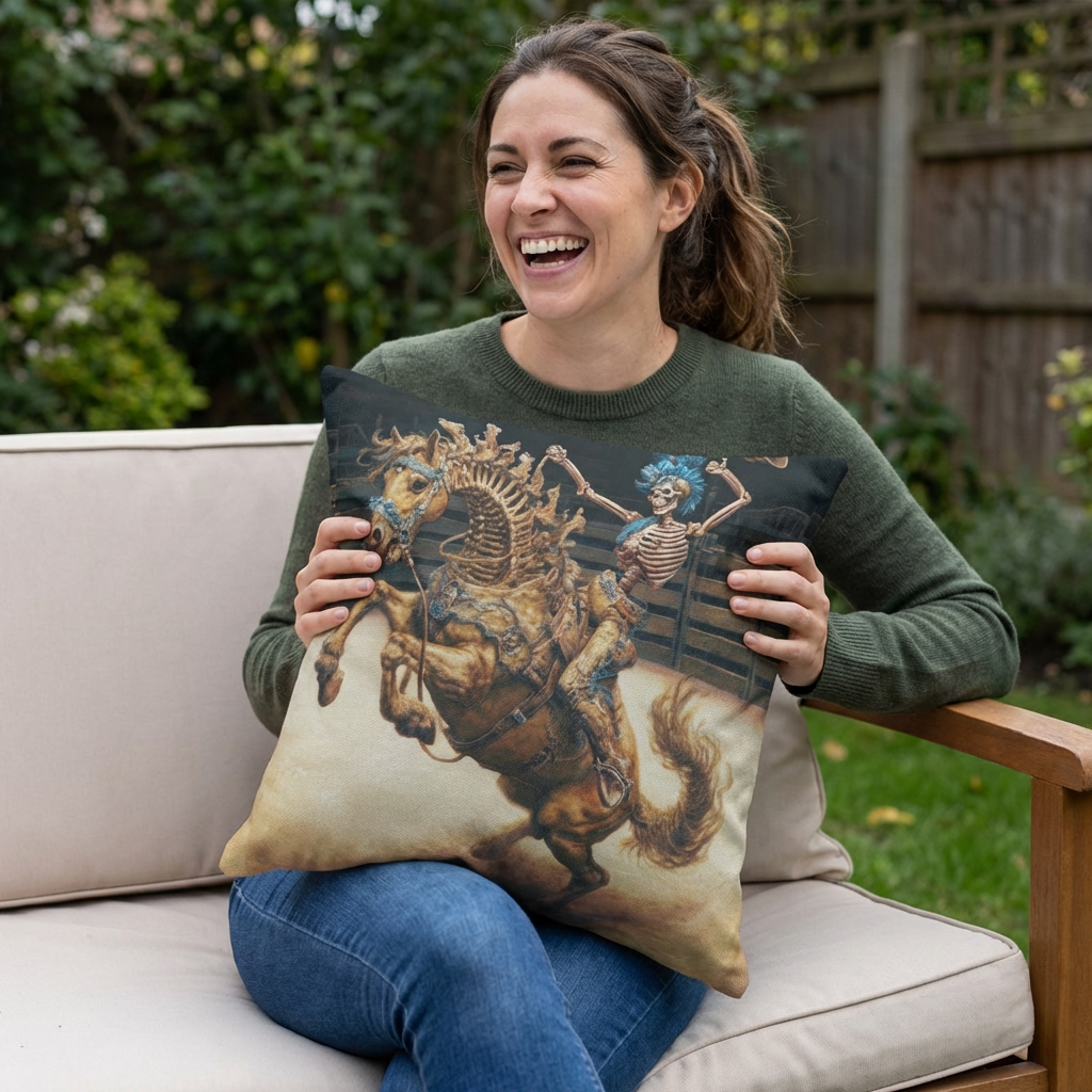 Skeleton Bucking Horse Cowboy Outdoor Pillow | Western Skull Rodeo Throw Pillow