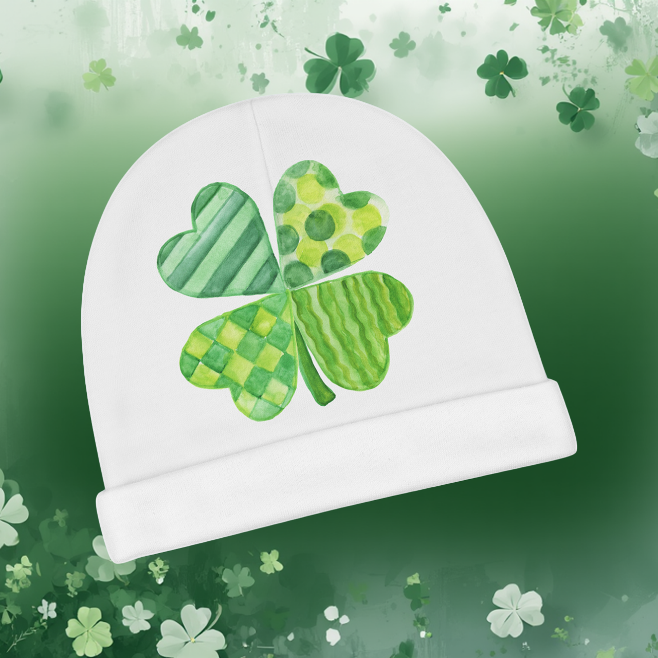 Baby Beanie — Watercolor Shamrock Newborn Hat for St. Patrick’s Day