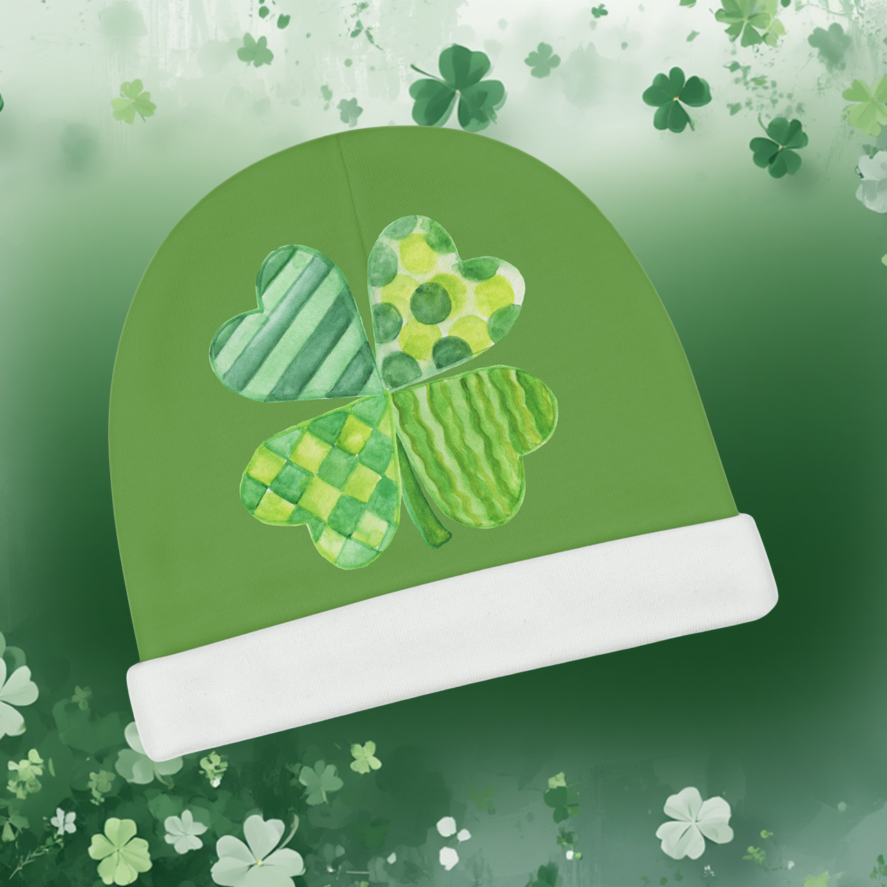 Baby Beanie — Watercolor Shamrock Newborn Hat for St. Patrick’s Day