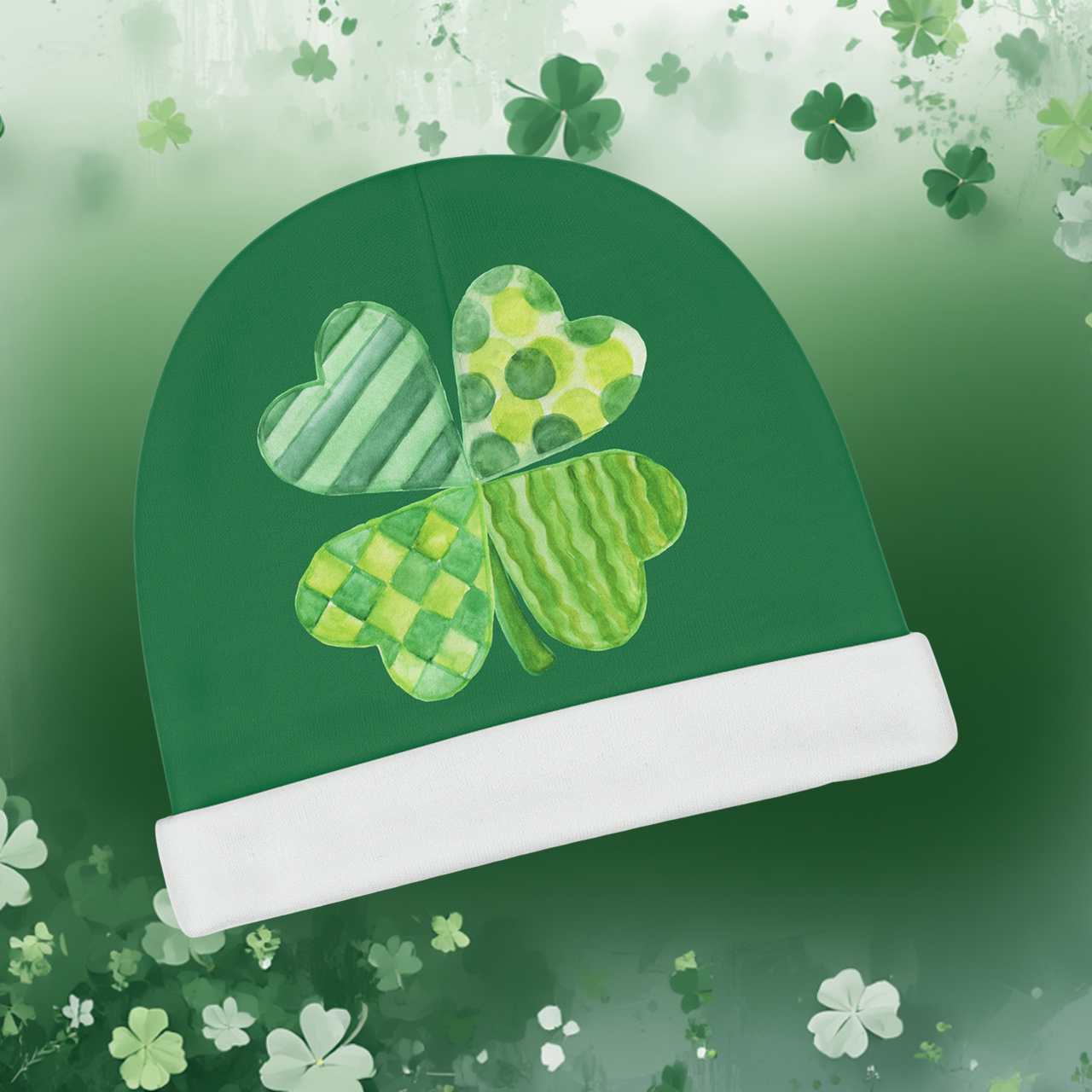 Baby Beanie — Watercolor Shamrock Newborn Hat for St. Patrick’s Day product thumbnail image