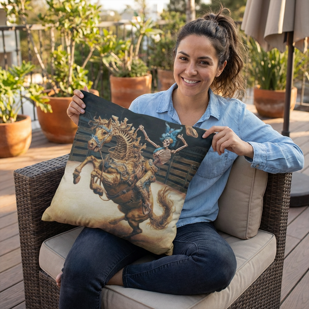 Skeleton Bucking Horse Cowboy Outdoor Pillow | Western Skull Rodeo Throw Pillow product thumbnail image