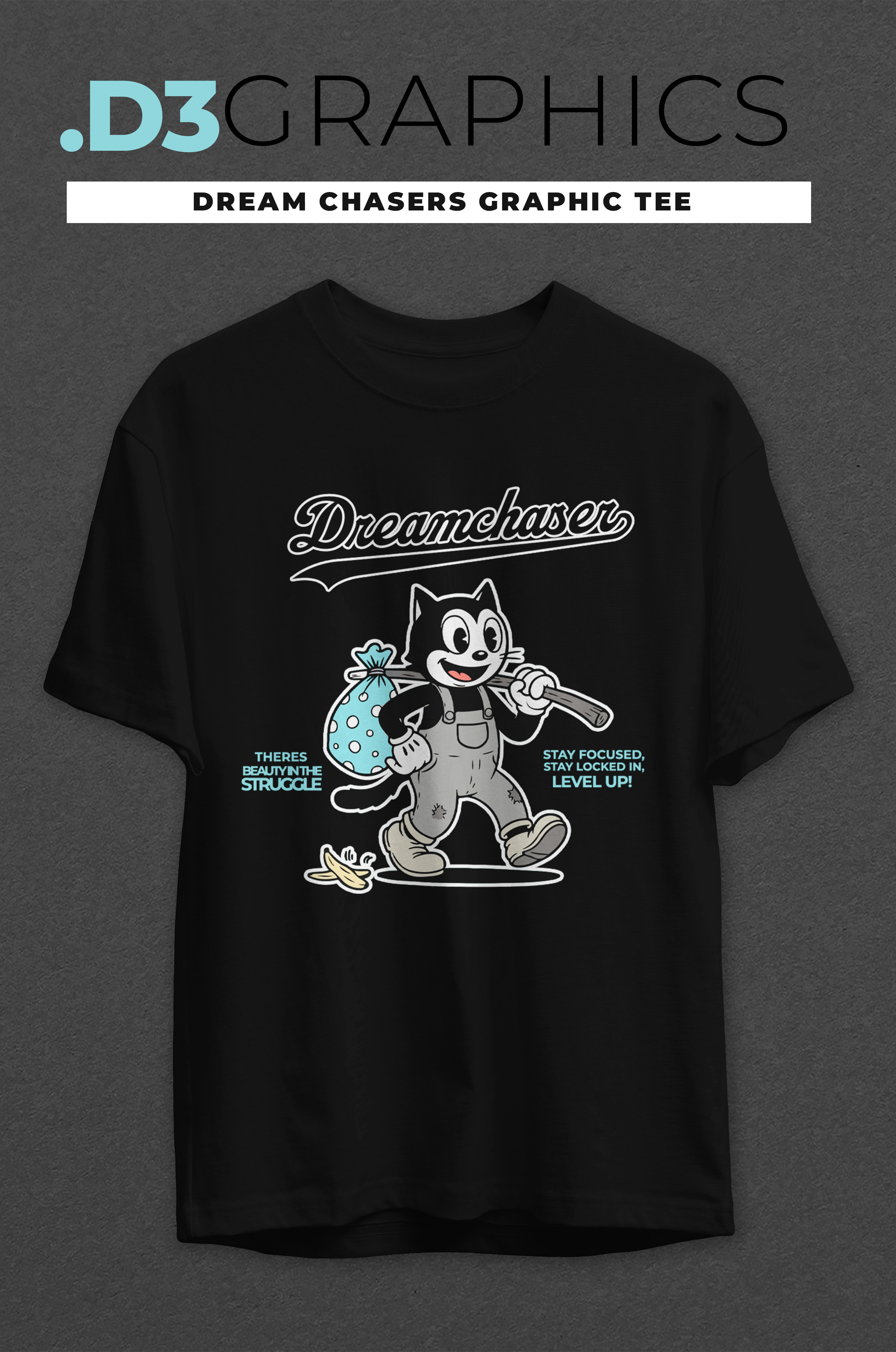 Dreamchaser Cat cartoon tee | Vintage black cat character t-shirt
