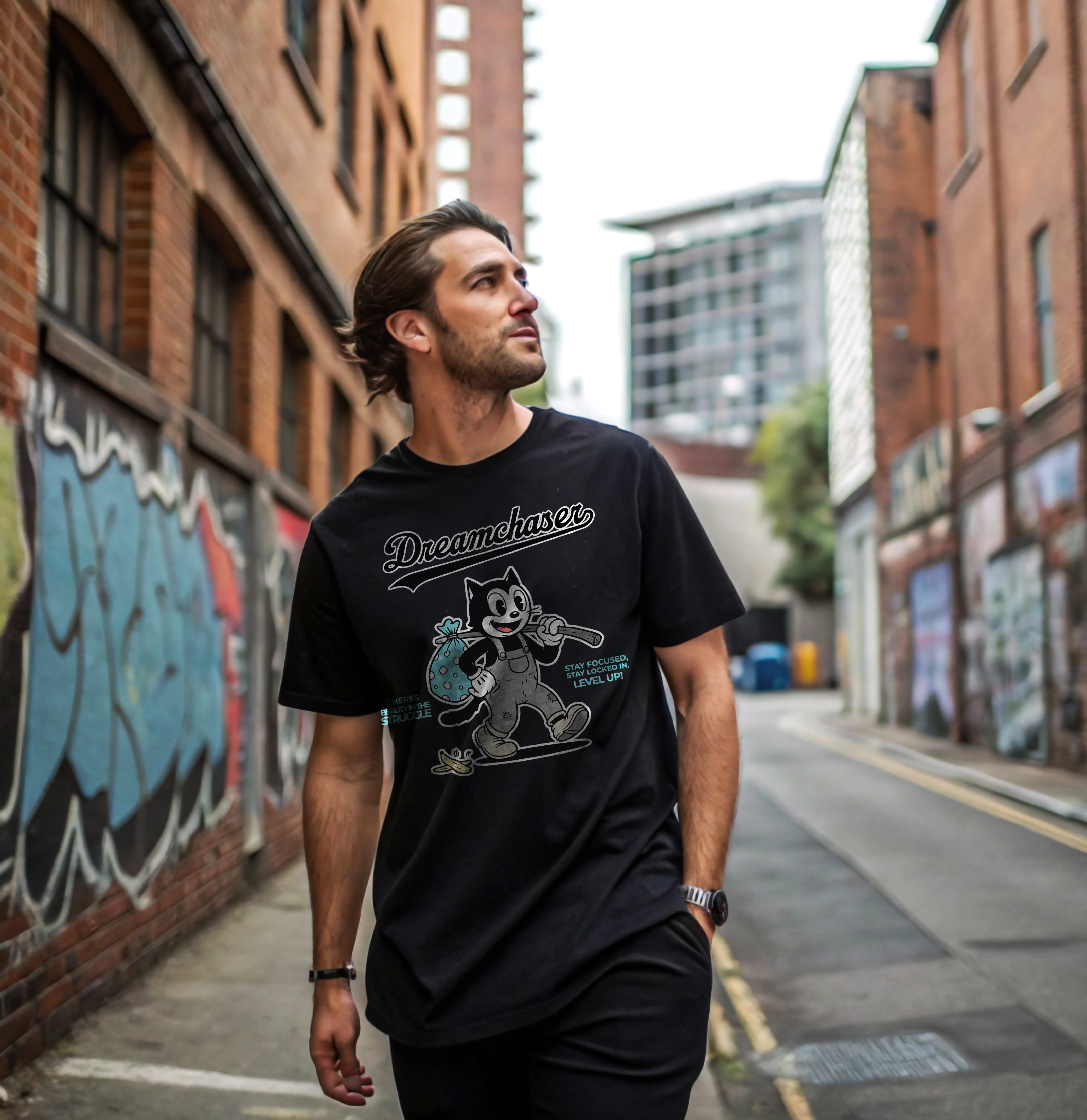 Dreamchaser Cat cartoon tee | Vintage black cat character t-shirt product thumbnail image