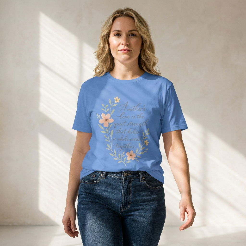 Mother's Love Floral T-Shirt | "A mother's love is the quiet strength that holds a whole world together" | Printed tee | Blanchards Wearables product thumbnail image Mother's Love Floral T-Shirt | "A mother's love is the quiet strength that holds a whole world together" | Printed tee | Blanchards Wearables product thumbnail image