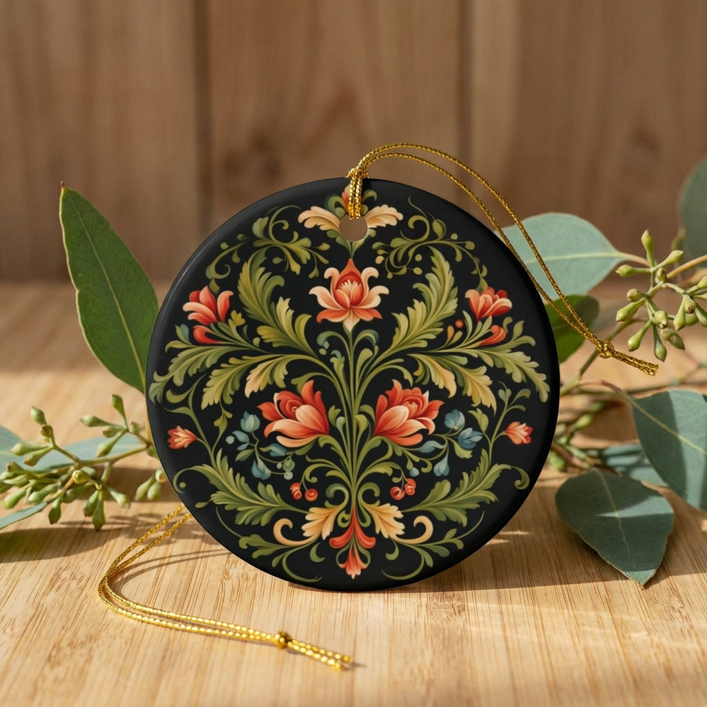 Rosemaling Floral Ceramic Ornament, 2-Side Print (1pc, 3pcs, 5pcs, 10pcs) Scandinavian God Jul Swedish Norwegian