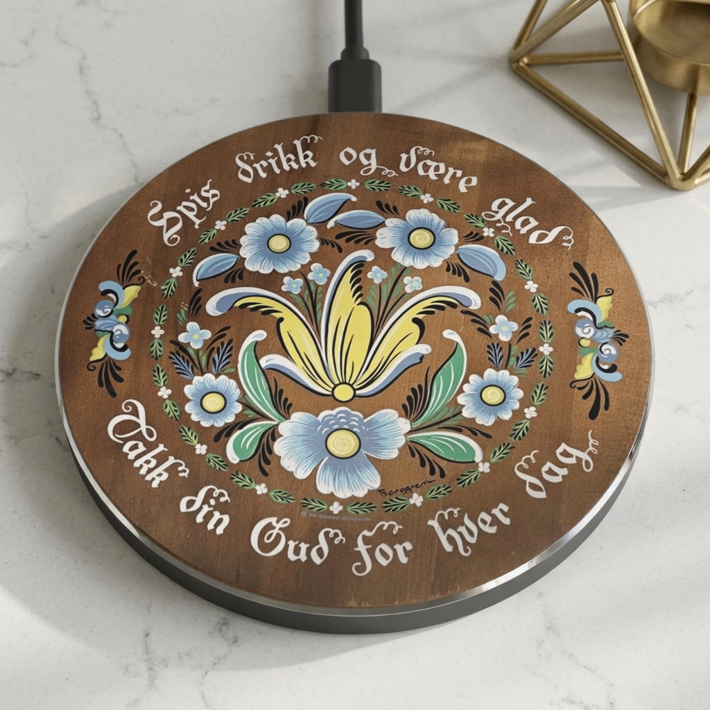 Scandinavian Wireless Charger, Rosemaling Design Norwegian Blessing , Qi Charging Pad, Great Gift Idea, Upgraded Charger, Tech Accessory product thumbnail image Scandinavian Wireless Charger, Rosemaling Design Norwegian Blessing , Qi Charging Pad, Great Gift Idea, Upgraded Charger, Tech Accessory product thumbnail image