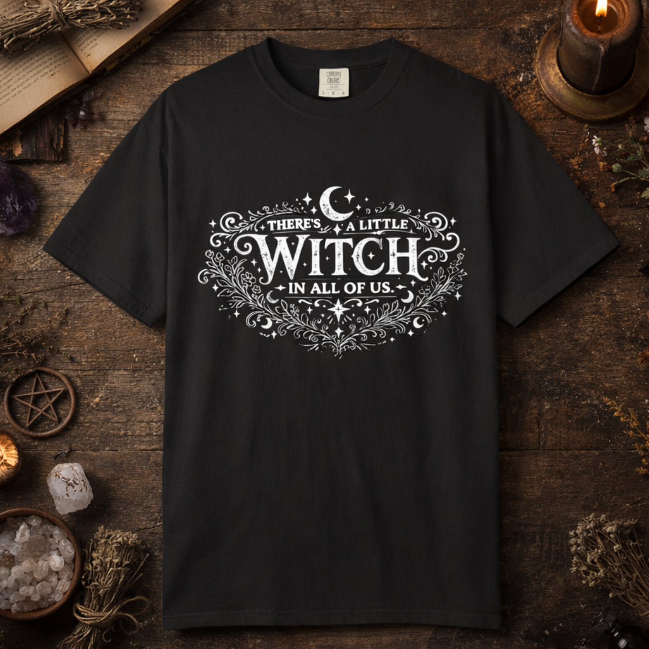 Witch T-Shirt, "There's a Little Witch in All of Us" Vintage Graphic Tee product thumbnail image Witch T-Shirt, "There's a Little Witch in All of Us" Vintage Graphic Tee product thumbnail image