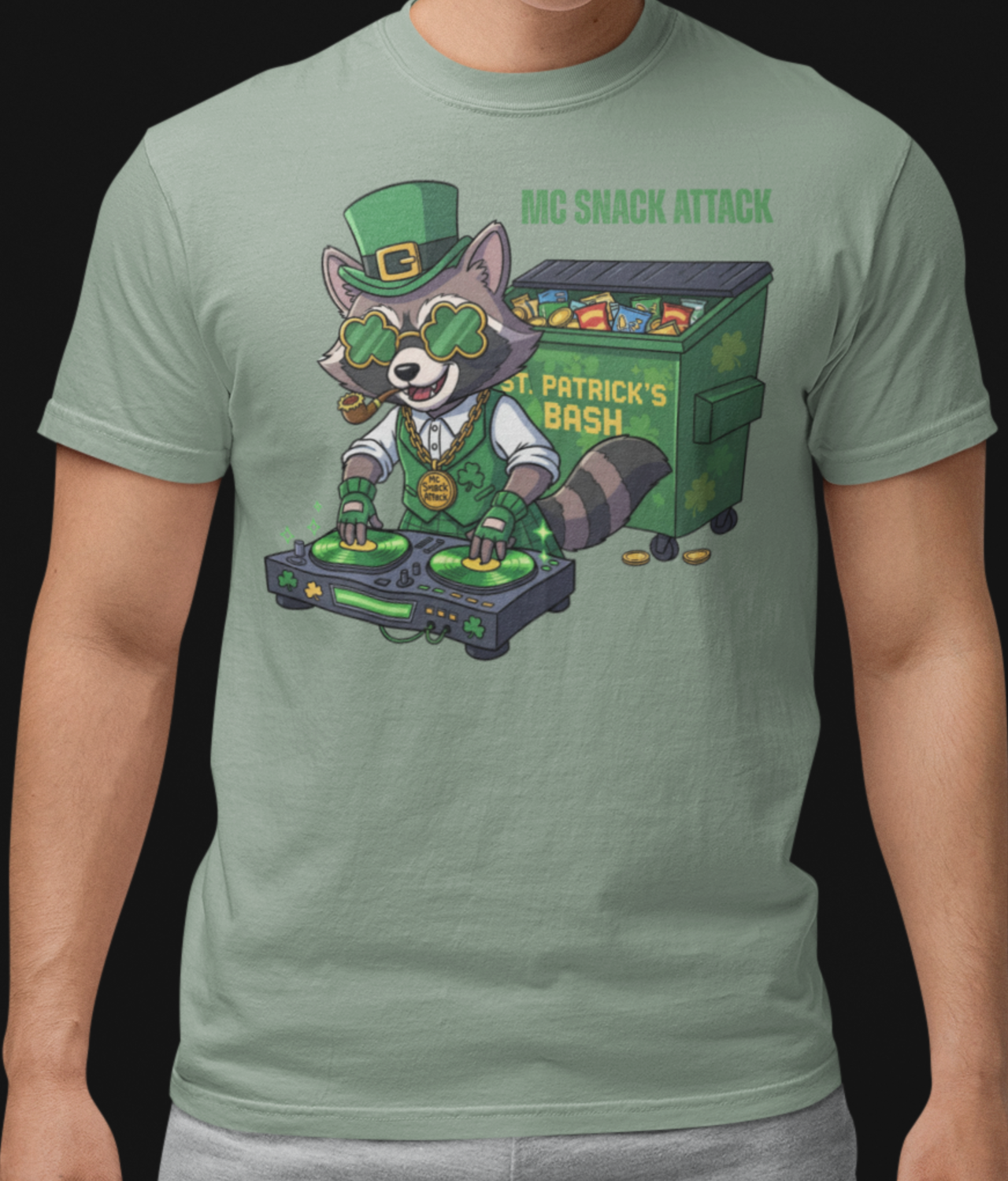"MC Snack Attack" St. Patrick's Day Raccoon DJ T-Shirt — Comfort Colors Party Tee product thumbnail image