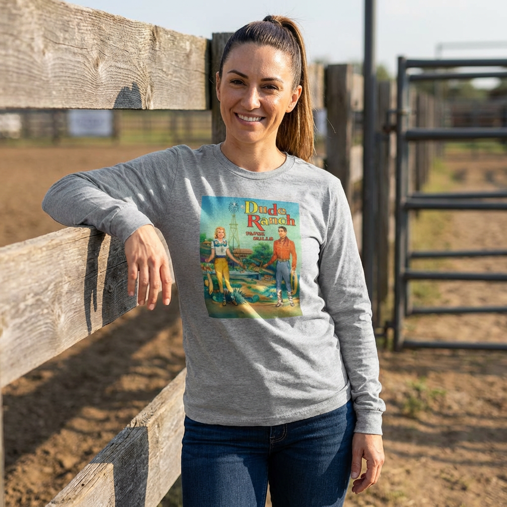 Dude Ranch Vintage Western Long Sleeve Tee — Retro Cowboy Paper Doll Design product thumbnail image Dude Ranch Vintage Western Long Sleeve Tee — Retro Cowboy Paper Doll Design product thumbnail image