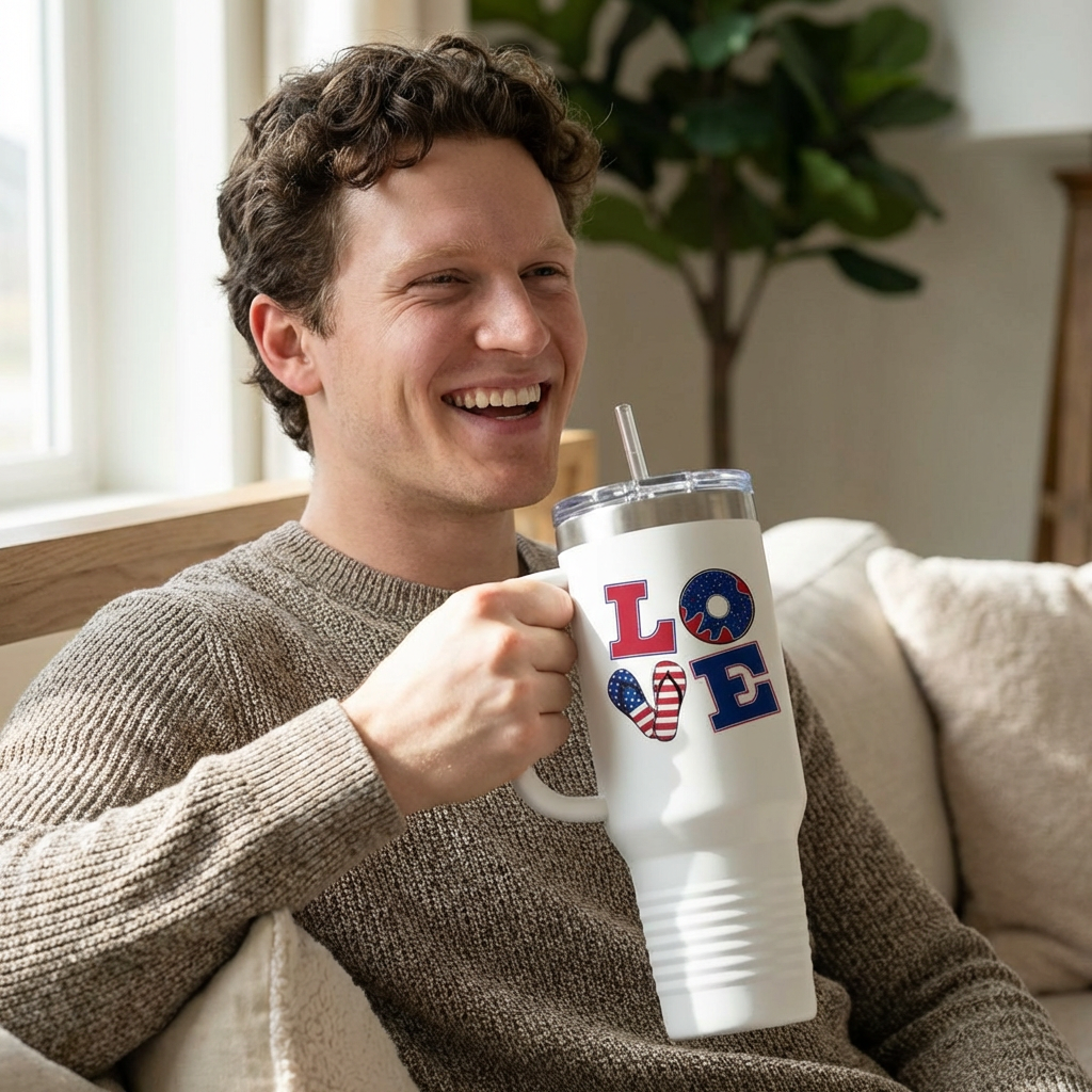 LOVE 40 oz Insulated Travel Tumbler (White) | Red White &amp; Blue LOVE Design (Double-Sided) | Reusable Straw | LifeCoachDesigns.shop Exclusive product thumbnail image